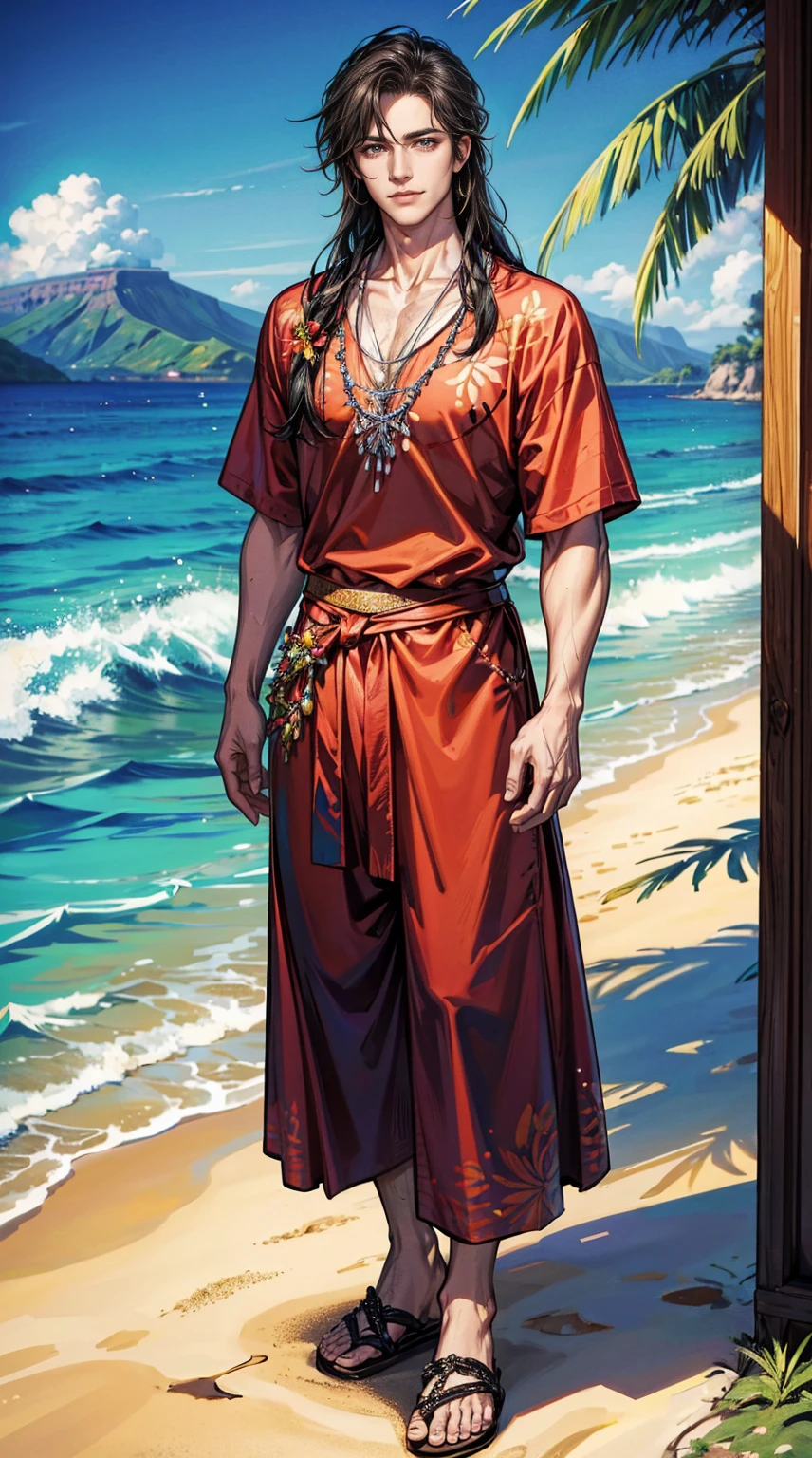 (masterpiece, Best quality, a high resolution, ultra detailed), (beautiful and aesthetically pleasing: 1.2), 1 man, adult man, black long hair, red eyes, gentle face, (slight smile: 0.8), detailed eyes and face, male body, male focus, Full length figure,  beautiful short, Hawaiian skirt, Hawaiian style, Hawaiian shirt, sandals, flowers, woven into hair, flower beads for neck, beach, Hawaii, golden hour, sea , sand, holiday on the beach
