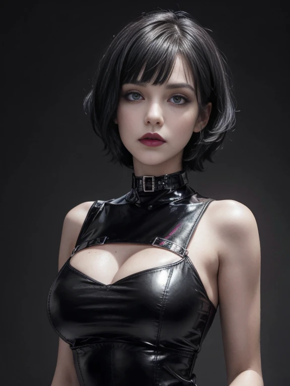 gothic,makeup,black lips, closeup:2, eyeliner:2 disinterested, latex dress, piercing, leather choker, dark black hair, short hair, bangs, simple colored background, masterpiece, beautiful, female, 1girl, solo, standing in high heels and face and large breast