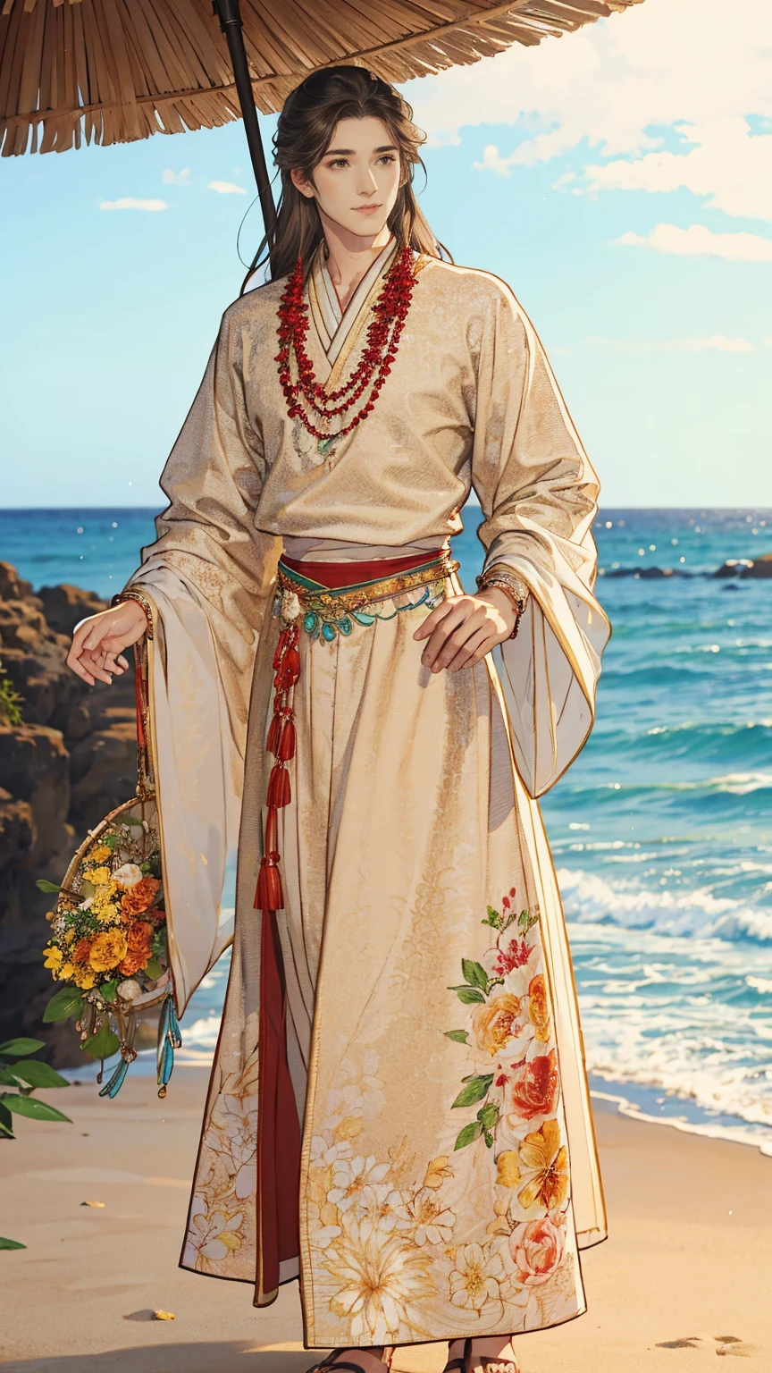 (masterpiece, Best quality, a high resolution, ultra detailed), (beautiful and aesthetically pleasing: 1.2), 1 man, adult man, black long hair, brown eyes, gentle face, (slight smile: 0.8), detailed eyes and face, male body, male focus, Full length figure,  beautiful short, Hawaiian skirt, Hawaiian style, Hawaiian shirt, sandals, flowers, woven into hair, flower beads for neck, beach, Hawaii, golden hour, sea , sand, holiday on the beach
