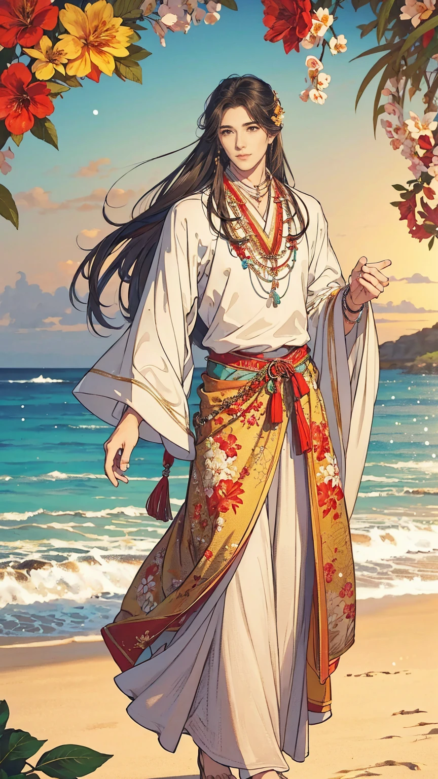 (masterpiece, Best quality, a high resolution, ultra detailed), (beautiful and aesthetically pleasing: 1.2), 1 man, adult man, black long hair, brown eyes, gentle face, (slight smile: 0.8), detailed eyes and face, male body, male focus, Full length figure,  beautiful short, Hawaiian skirt, Hawaiian style, Hawaiian shirt, sandals, flowers, woven into hair, flower beads for neck, beach, Hawaii, golden hour, sea , sand, holiday on the beach
