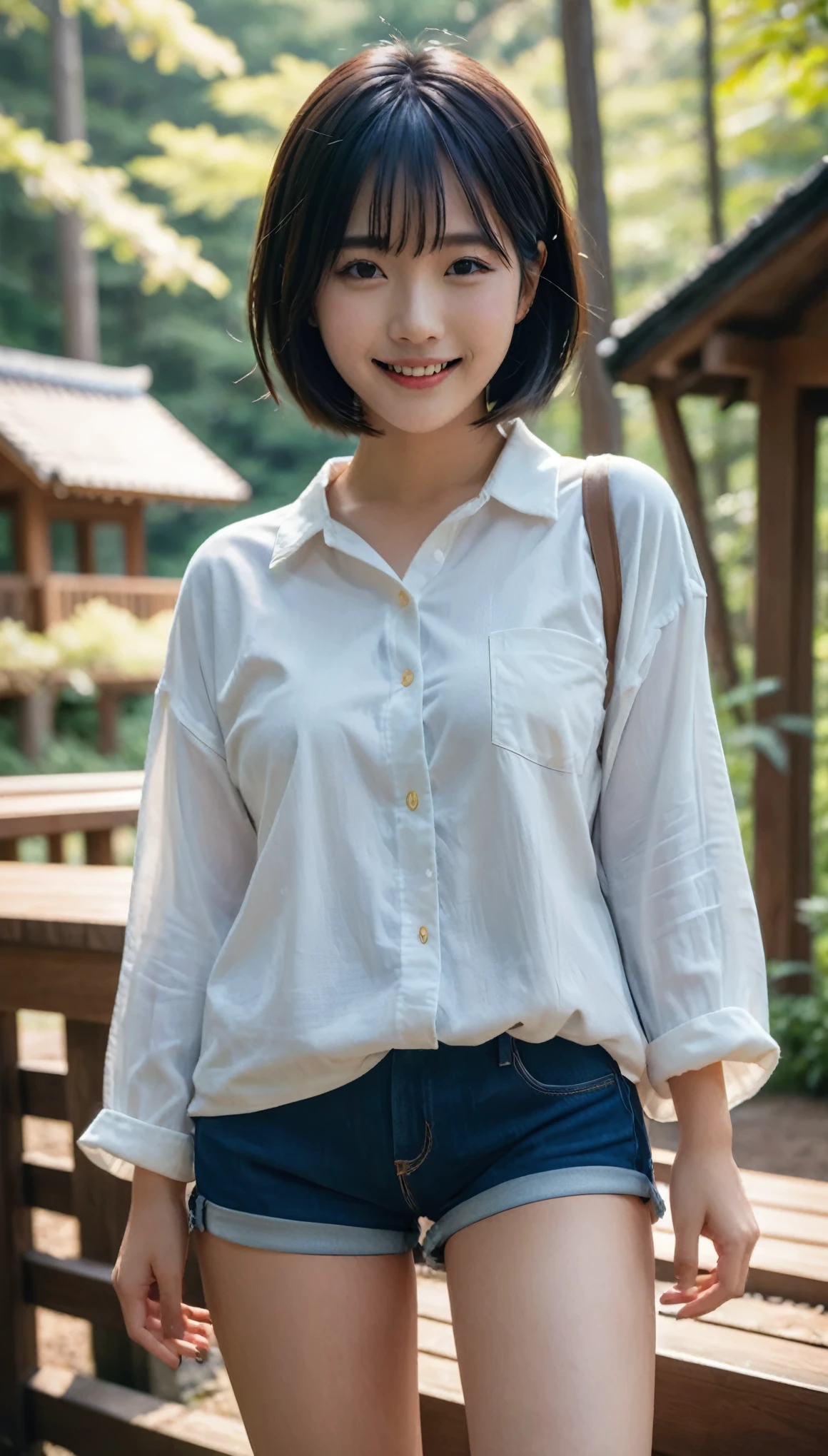 highest quality、masterpiece、live-action、Realistic、High resolution、4k、Japanese、Black Hair、Medium Bob、Japanese female college student、Cute Girls、20-year-old、Oversized clothes、Denim shorts、Cute smile、The background is a lodge in the forest、Enjoy a barbecue、Whole body -- 9:16