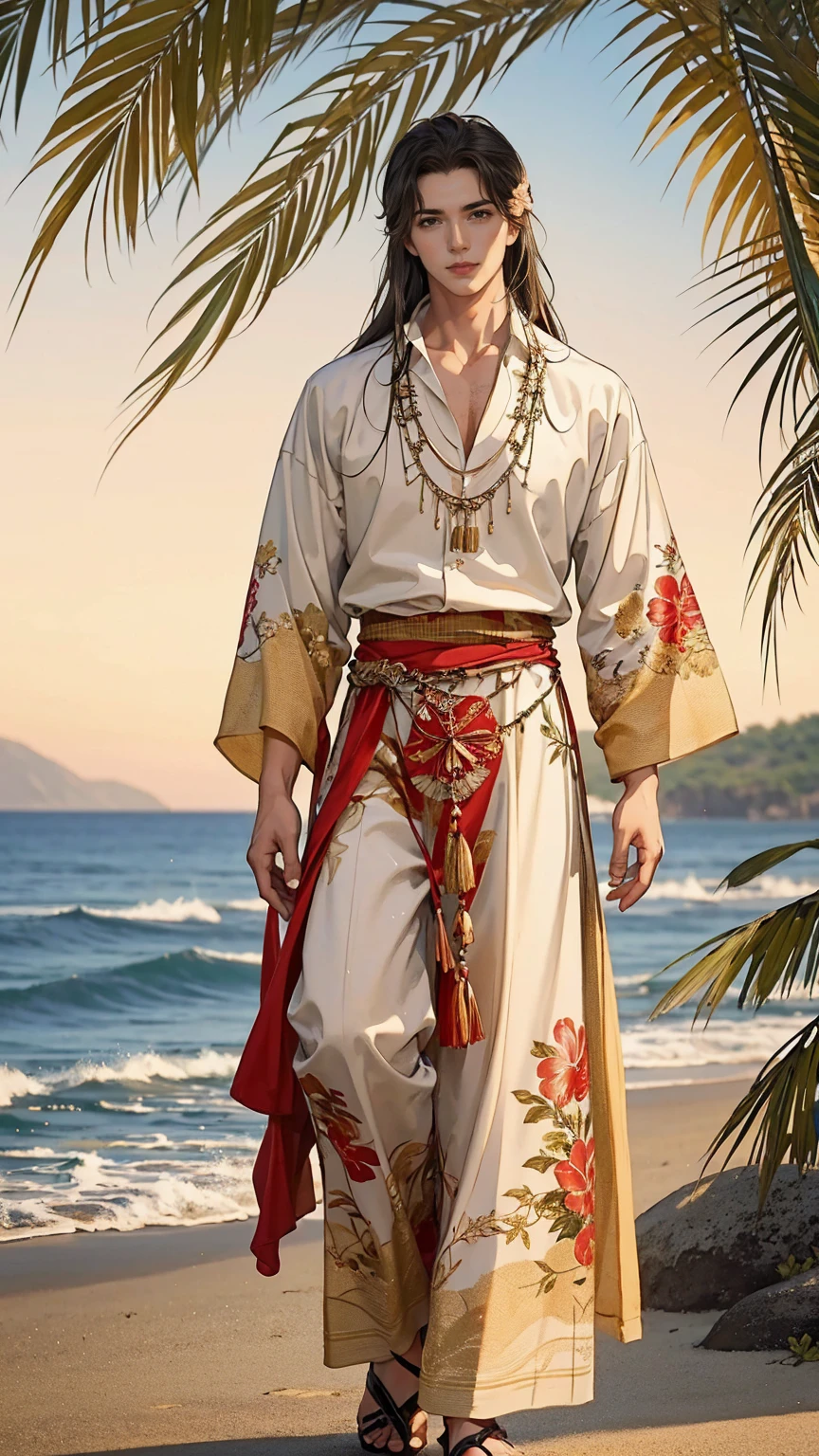 (masterpiece, Best quality, a high resolution, ultra detailed), (beautiful and aesthetically pleasing: 1.2), 1 man, adult man, black long hair, red eyes, gentle face, (slight smile: 0.8), detailed eyes and face, male body, male focus, Full length figure,  beautiful short, Hawaiian skirt, Hawaiian style, Hawaiian shirt, sandals, flowers, woven into hair, flower beads for neck, beach, Hawaii, golden hour, sea , sand, holiday on the beach
