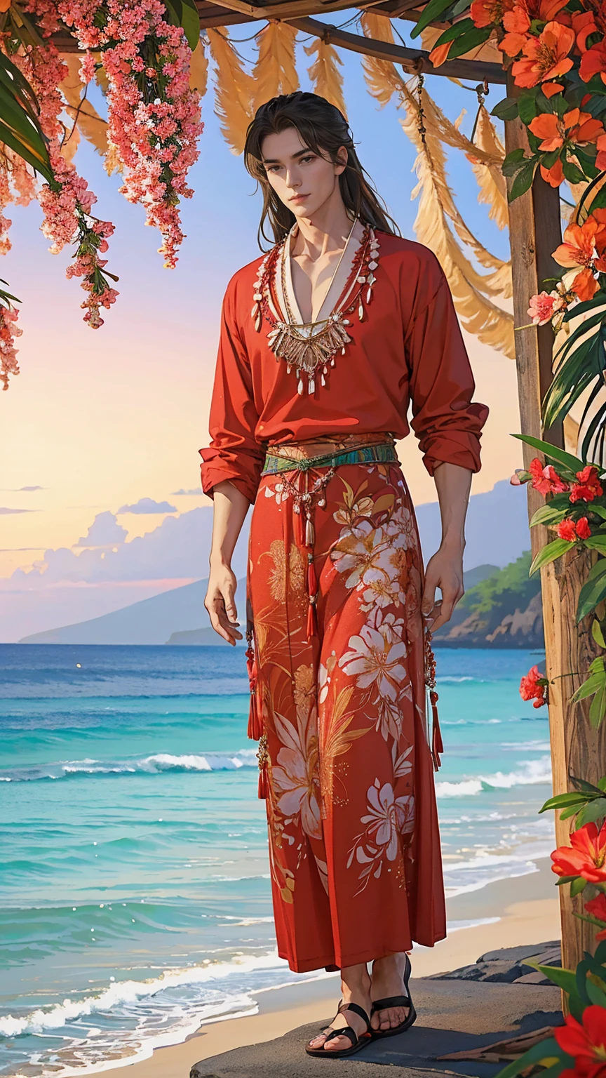 (masterpiece, Best quality, a high resolution, ultra detailed), (beautiful and aesthetically pleasing: 1.2), 1 man, adult man, black long hair, red eyes, gentle face, (slight smile: 0.8), detailed eyes and face, male body, male focus, Full length figure,  beautiful short, Hawaiian skirt, Hawaiian style, Hawaiian shirt, sandals, flowers, woven into hair, flower beads for neck, beach, Hawaii, golden hour, sea , sand, holiday on the beach
