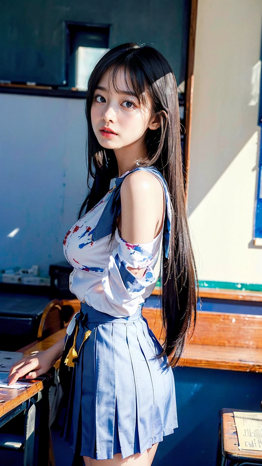 (hig彼st quality、8k、32k、masterpiece)、(Realistic)、(Realistic:1.2)、(High resolution)、Very detailed、Very beautiful face and eyes、1 girl、Delicate body、From Okinawa to the coast,(hig彼st quality、Attention to detail、Rich skin detail)、(hig彼st quality、8k、Oil paint:1.2)、Very detailed、(Realistic、Realistic:1.37)、Bright colors、Full Body Shot, (high school girl:1.6, White blouse, long pleated skirt of dark blue color, tie), short hair, (((15-year-old girl, slim, The body is slim, Large Breasts, Round and seductive ass,School classroom)))