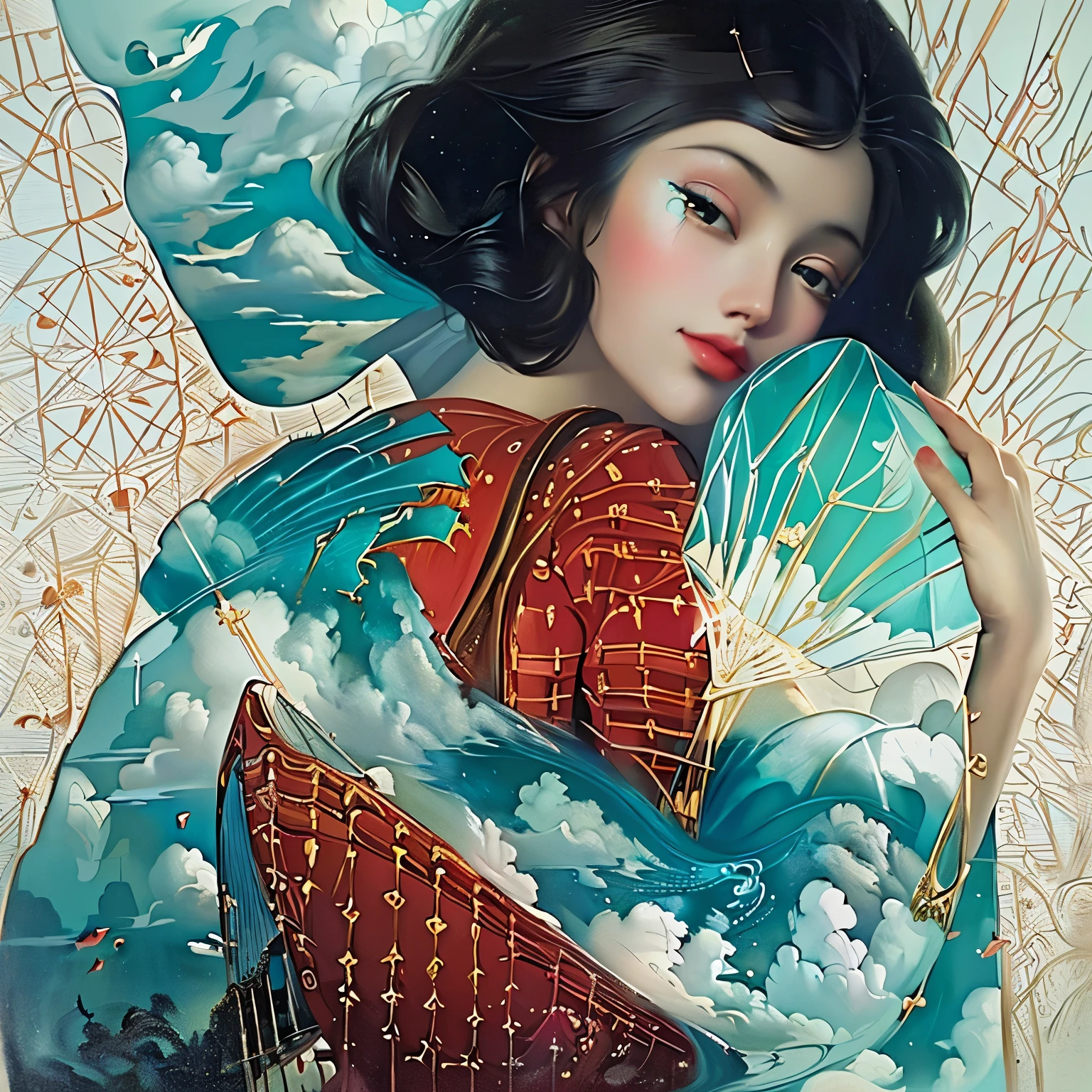 a painting of a woman in a red dress holding a blue umbrella, girl clouds, dreamy art, cloud goddess, emotional surrealist art, surreal art, whimsical surrealism, trending artistic art, surrealism!!!!, surreal painting, by Ni Zan, by Nándor Katona, among the clouds, pop art surrealism, highly conceptual figurative art, dreamlike surrealism