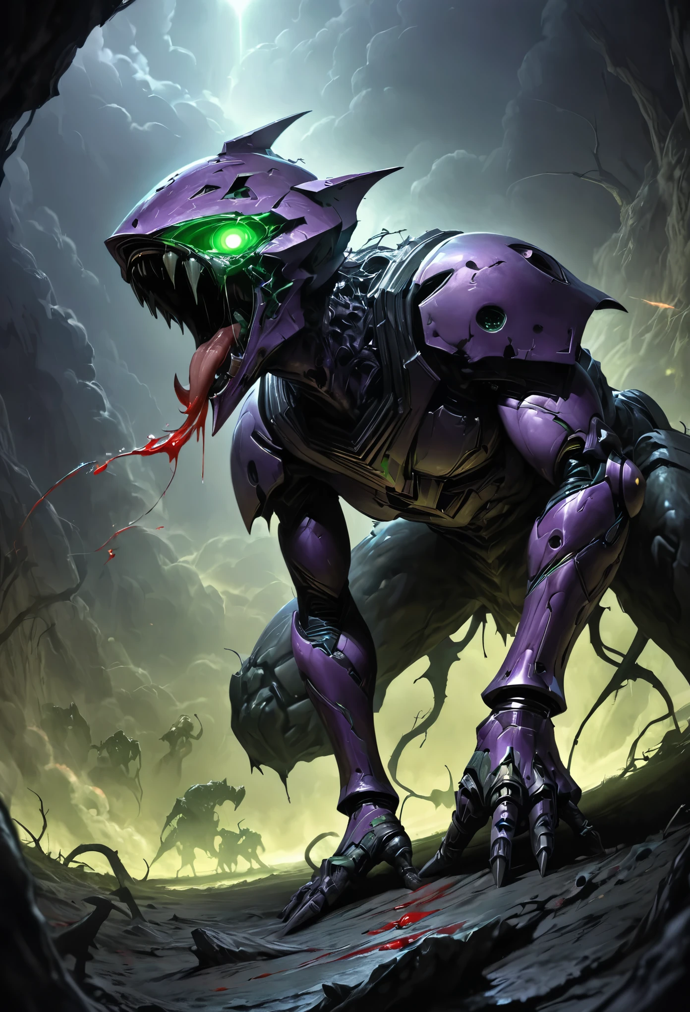 (best quality, 4k, ultra detailed, high resolution, masterpiece: 1.2), giant robotic humanoid (Eva 01) on all fours with its mouth open between trees in a valley, with its mouth open revealing intricate and detailed teeth and tongue, purple armor with glowing green highlights, human arm, berserk mode, and a thin and organic body covered with metallic armor, walking on all fours, smoke and dark atmosphere, green eyes, glowing eyes, bestial roar, broken armor revealing a living organism, thick blood,ominous clouds, dark illustration style, high contrast, dark shadows, atmospheric perspective, ominous colors, cinematic composition, volumetric lighting, numbers, brush strokes, dramatic lighting, low angle, surrealism, super detailed, hyperrealism