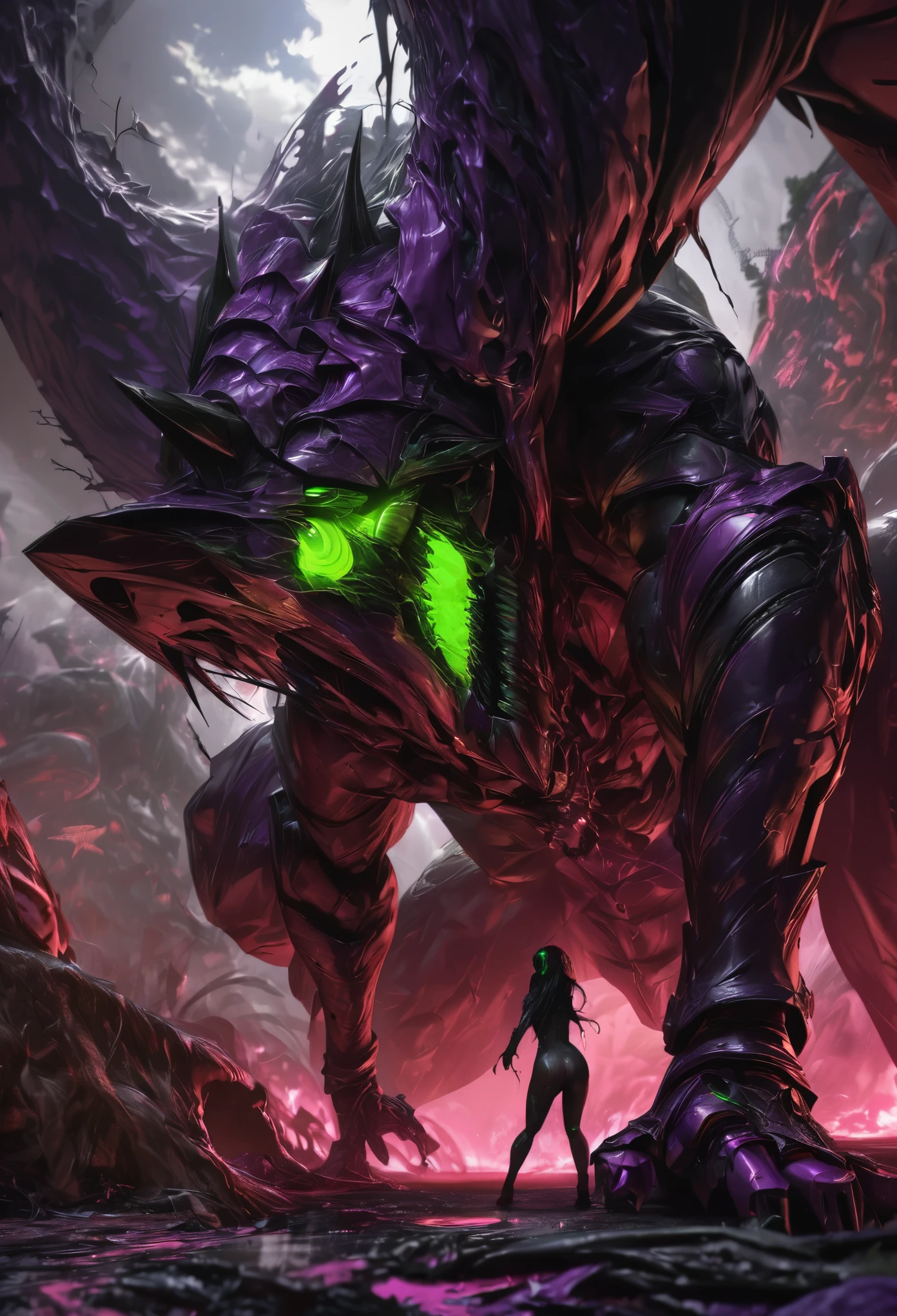 (best quality, 4k, ultra detailed, high resolution, masterpiece: 1.2), giant robotic humanoid (Eva 01) on all fours with its mouth open between trees in a valley, with its mouth open revealing intricate and detailed teeth and tongue, purple armor with glowing green highlights, human arm, berserk mode, and a thin and organic body covered with metallic armor, walking on all fours, smoke and dark atmosphere, green eyes, glowing eyes, bestial roar, broken armor revealing a living organism, thick blood,ominous clouds, dark illustration style, high contrast, dark shadows, atmospheric perspective, ominous colors, cinematic composition, volumetric lighting, numbers, brush strokes, dramatic lighting, low angle, surrealism, super detailed, hyperrealism