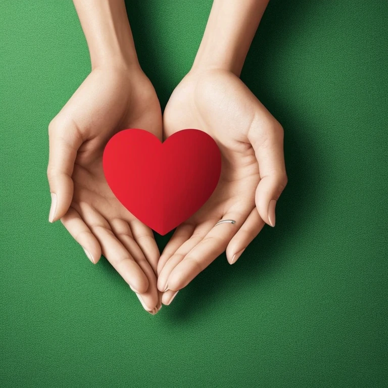 Supportive hands, animated design with a heart in hands. arte com cor predominante verde e vermelho alaranjado 