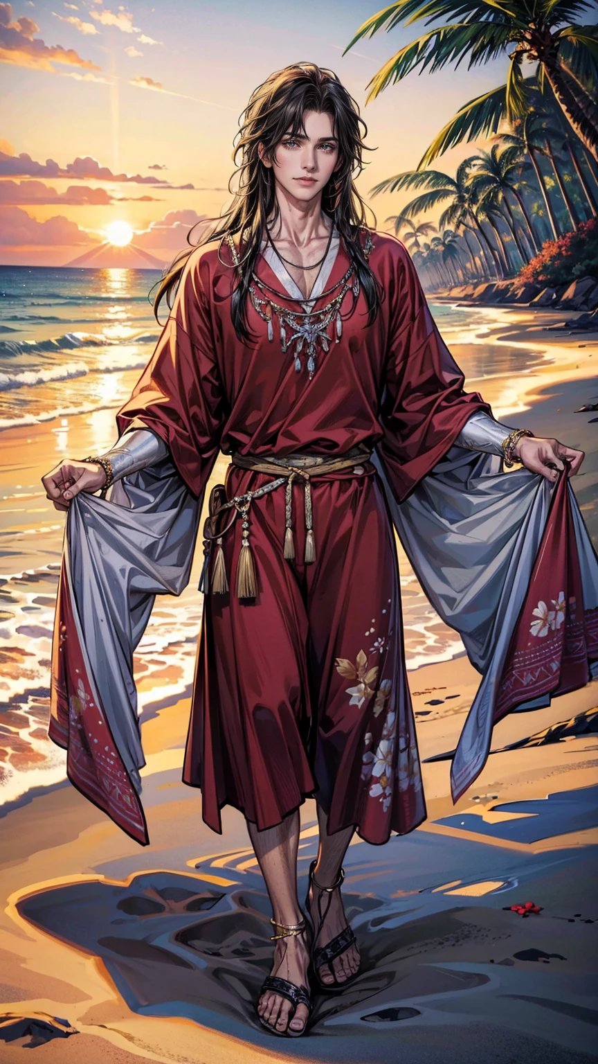 (masterpiece, Best quality, a high resolution, ultra detailed), (beautiful and aesthetically pleasing: 1.2), 1 man, adult man, black long hair, red eyes, gentle face, (slight smile: 0.8), detailed eyes and face, male body, male focus, Full length figure,  beautiful short, Hawaiian skirt, Hawaiian style, Hawaiian shirt, sandals, flowers, woven into hair, flower beads for neck, beach, Hawaii, golden hour, sea , sand, holiday on the beach
