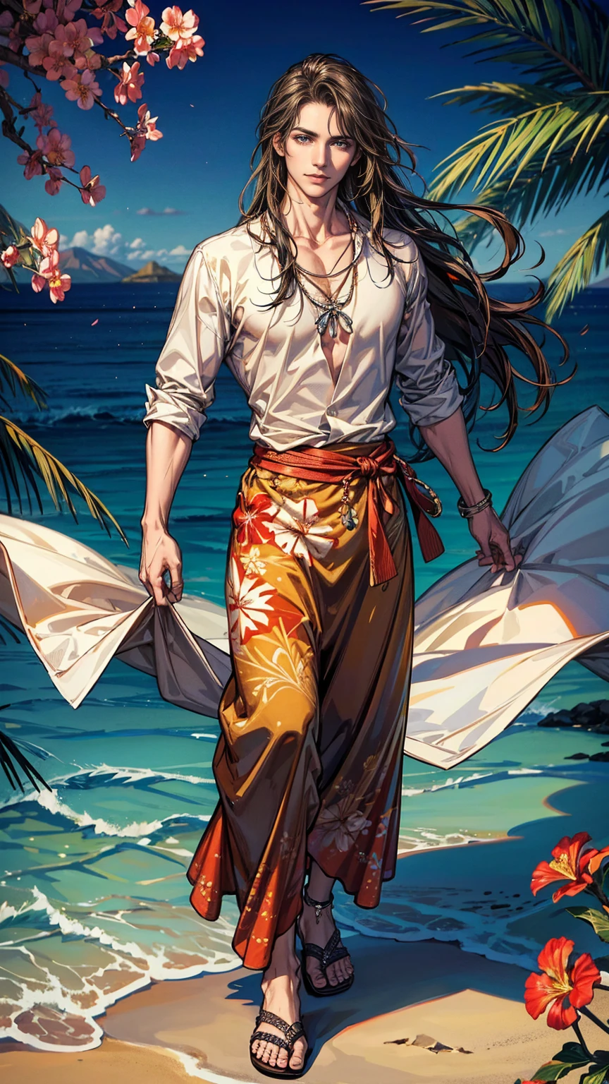 (masterpiece, Best quality, a high resolution, ultra detailed), (beautiful and aesthetically pleasing: 1.2), 1 man, adult man, black long hair, red eyes, gentle face, (slight smile: 0.8), detailed eyes and face, male body, male focus, Full length figure,  beautiful short, Hawaiian skirt, Hawaiian style, Hawaiian shirt, sandals, flowers, woven into hair, flower beads for neck, beach, Hawaii, golden hour, sea , sand, holiday on the beach
