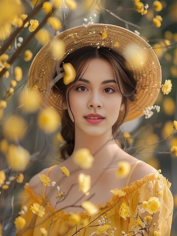 ภาพระยะใกล้ของผู้หญิงสวมหมวกฟางและชุดyellow, ผู้หญิงyellowสวย, traditional beauty, beautiful young woman, beautiful woman, beautiful portrait, girl in flowers, cute woman, beautiful portrait image, woman in flowers, yellow, beautiful woman, มีดอกไม้yellowล้อมรอบ, A lovely, delicate face., beautiful portrait photo, gorgeous woman, beautiful model