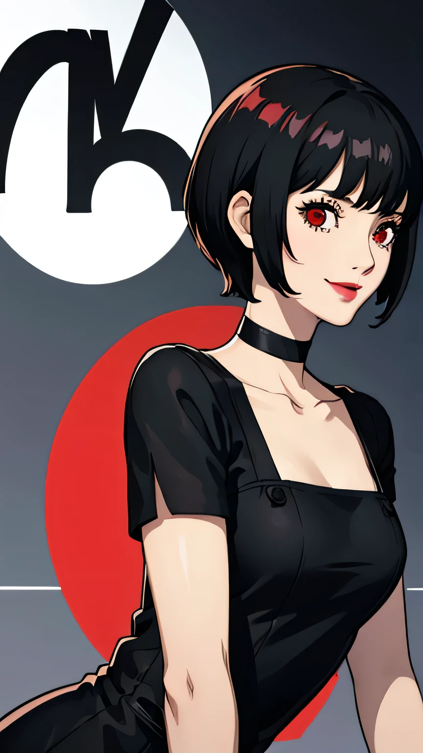 1 girl, Red eyes, very Short hair, black choker, lipstick, half body, smile, black hair, small breast, dress