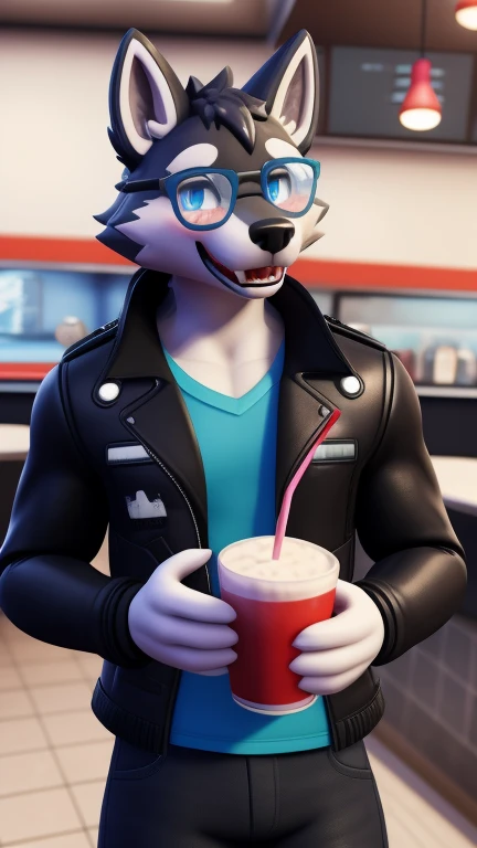 fursuit wolf male wearing nerdola glasses blue eyes realistic background of a diner blurred background wearing a black jacket a blue shirt and black shorts posing for the camera embarrassed expression red cheeks alone drinking a milk shake ultra realistic 20 year old gay young man in 3D Unreal Engine 9 and that's fortnite