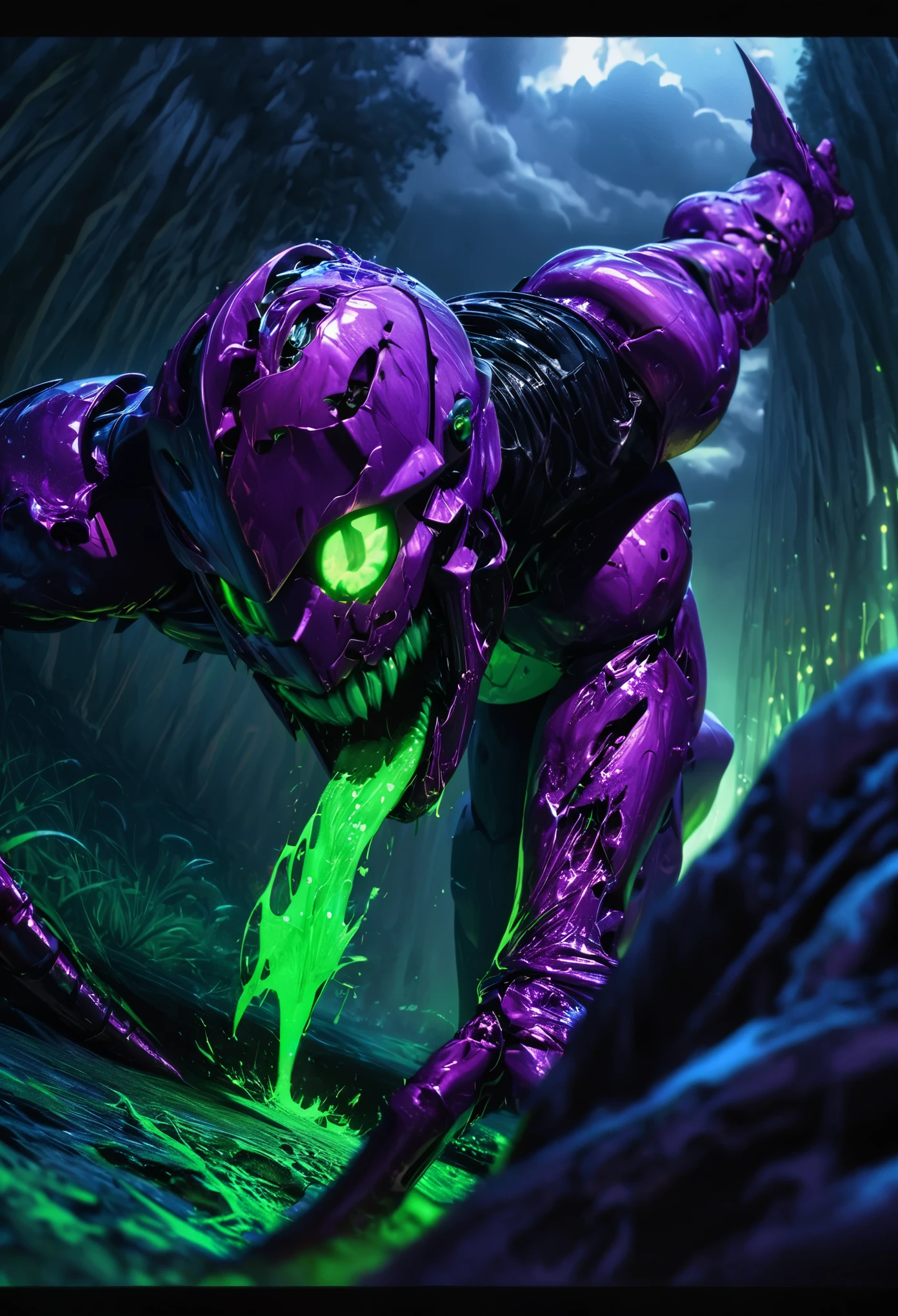 (best quality, 4k, ultra detailed, high resolution, masterpiece: 1.2), giant robotic humanoid (Eva 01) on all fours with its mouth open between trees in a valley, with its mouth open revealing intricate and detailed teeth and tongue, purple armor with glowing green highlights, human arm, berserk mode, and a thin and organic body covered with metallic armor, walking on all fours, smoke and dark atmosphere, green eyes, glowing eyes, bestial roar, broken armor revealing a living organism, thick blood,ominous clouds, dark illustration style, high contrast, dark shadows, atmospheric perspective, ominous colors, cinematic composition, volumetric lighting, numbers, brush strokes, dramatic lighting, low angle, surrealism, super detailed, hyperrealism