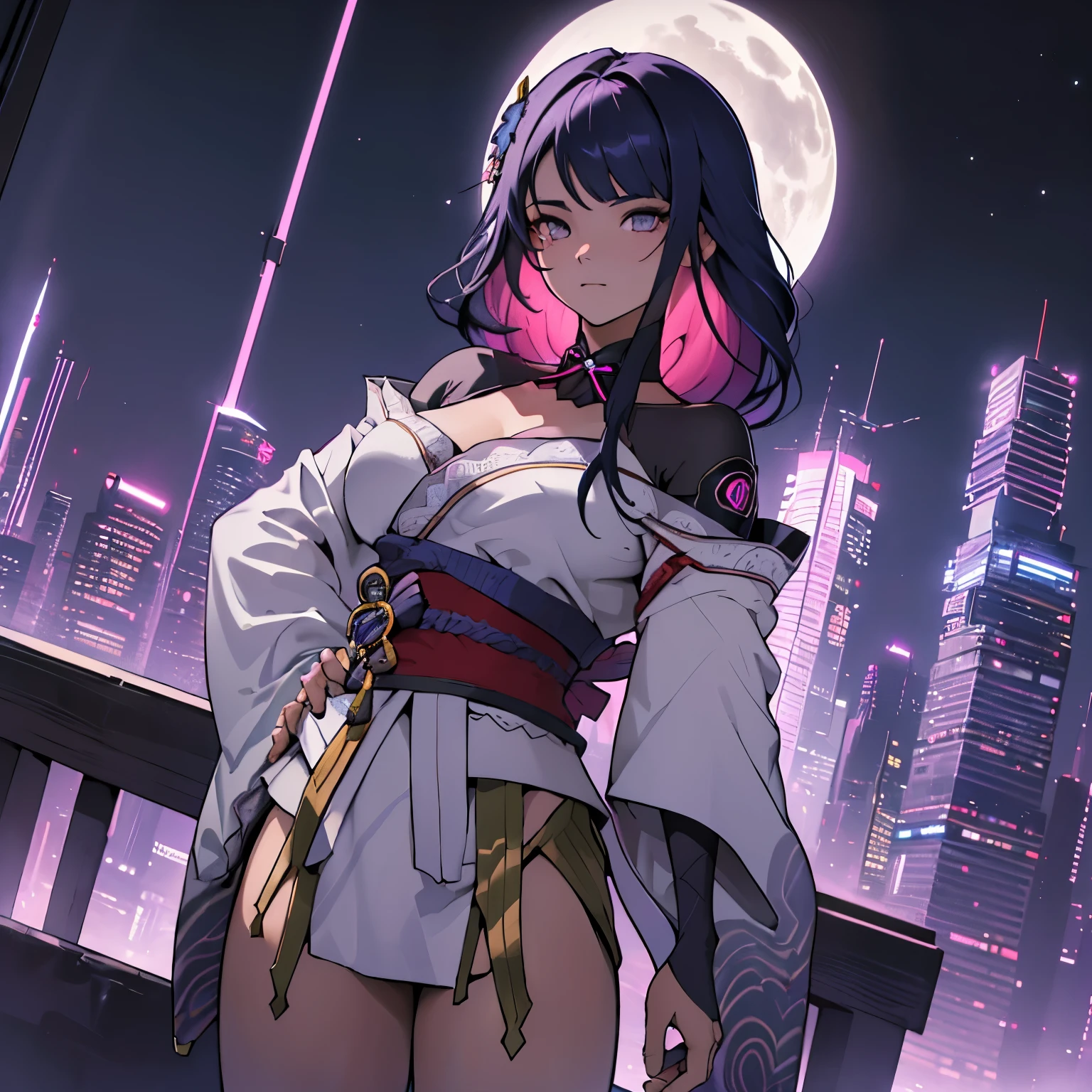 anime, (obra de arte, melhor qualidade, ultra-detalhado, alto contraste), 1 mulher (Sozinho, corpo todo, corpo plus size, standing on the edge of the skyscraper, cabelo prateado, CABELO LONGO E FLUXO, olhos vermelhos brilhantes de rubi, (Kimono preto, black cybernetics with neon pink), meias pretas transparentes), (skyscraper roof, com vista para uma cidade, fundo detalhado ((night time, Darkness, low light pollution)))