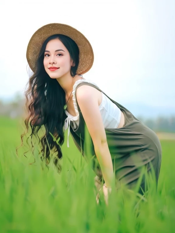 a close up of a woman in a hat and dress In the field, Vietnamese woman, In the green open field, In the field, young asian woman, lovely young woman, cute woman, attractive woman, In the meadow, with straw hat, In the fieldหญ้า, Wear a straw hat and coat., In the meadowเขียวขจีอันกว้างใหญ่