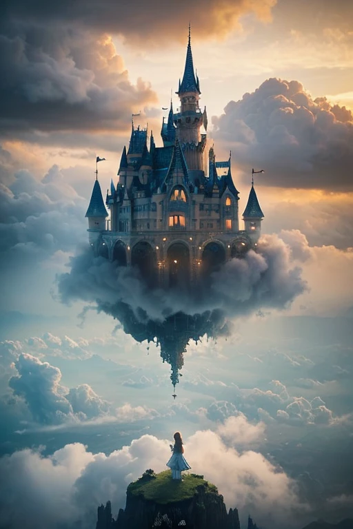 Dream Castle in the Clouds, (masterpiece, highest quality, Professional, Perfect composition, so beautiful, Absurd, Very detailed, Intricate details:1.3), Joel Robison