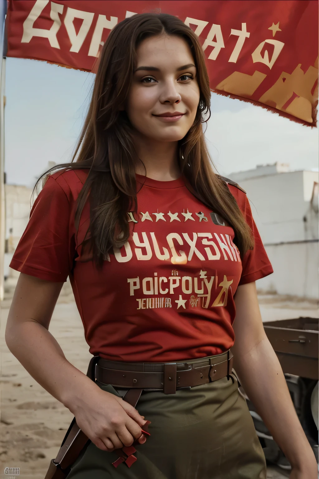 (best quality:1.2),brunette women with gun, red t-shirt with soviet sign, smile, Brown hair soldier man with flag,
looking at camera, soviet union, poster,placard,Soviet style,soviet Soviet army background, Soviet military uniform, 
