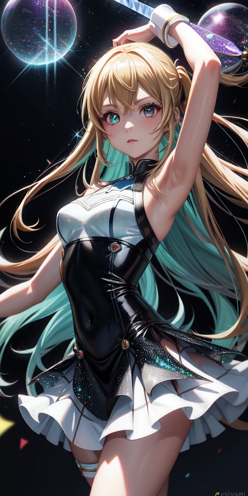 realista, 1 chica, asuna ,anime sword art online ,Holographic hair, heterochromic eyes, Ojos brillantes, holographic dress top, holographic skirt, labios partidos, rubor, noche, rosas blancas, pasteles, Brillantina
