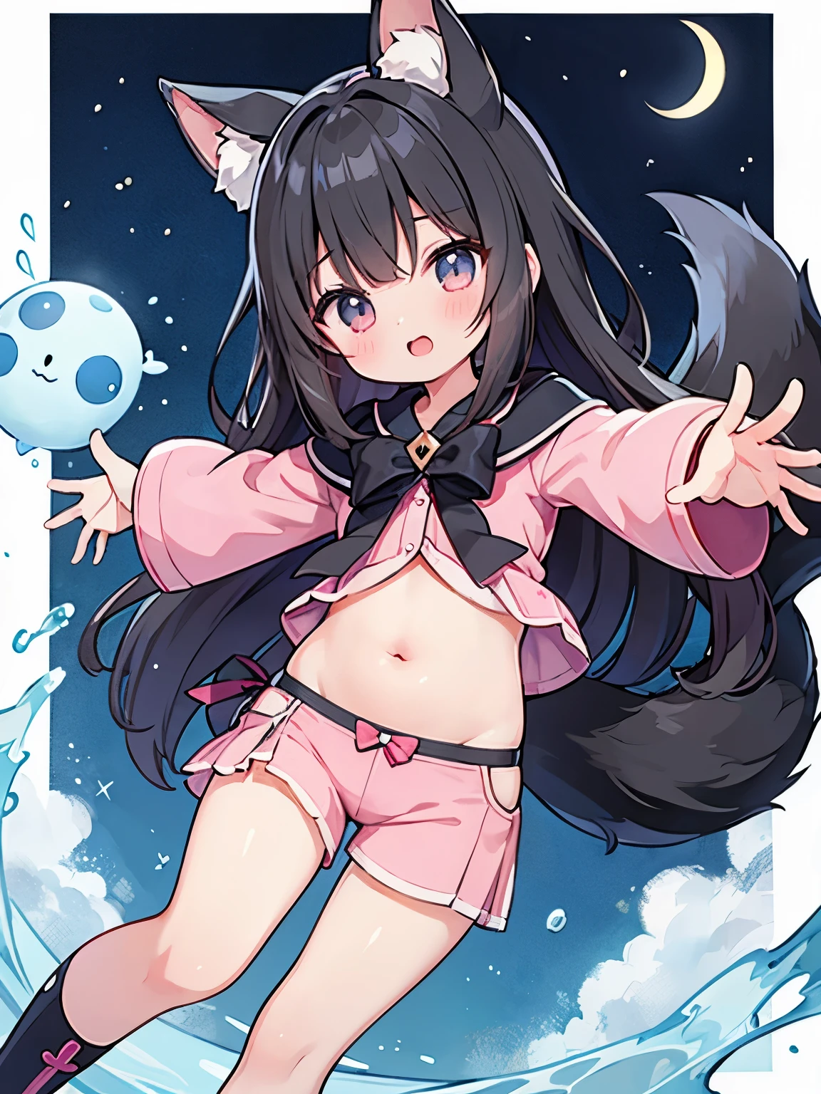 （girl、小daughter、Fox Ears、Cat hair accessories、Black Hair、Slimming、）、（girl、wife、daughter、younger sister）、Low - Angle、Shooting from the feet、Sticky water running down my thighs、front、Open your arms、Smooth Hair、animal、、Belly button、Groin、Cute pose、(Dynamic Angle)、Magical girl、gravure、Micro Pants、Chirarizum、high resolution、Ultra HD、#quality(8k,Very detailedなCGユニットの壁紙, masterpiece,High resolution,top-quality,top-quality real texture skin,Surreal,Increase the resolution,最高quality,Very detailed,NSFW Wallpapers,Cinematic,Golden Ratio), break ,(girl、naked、nude、Pussy、Nipples、Sexy pose),#1人のgirl(Black Hair、Braiding、ponytail,whole body),#background(night,Starry Sky,Townscape ),From the other side