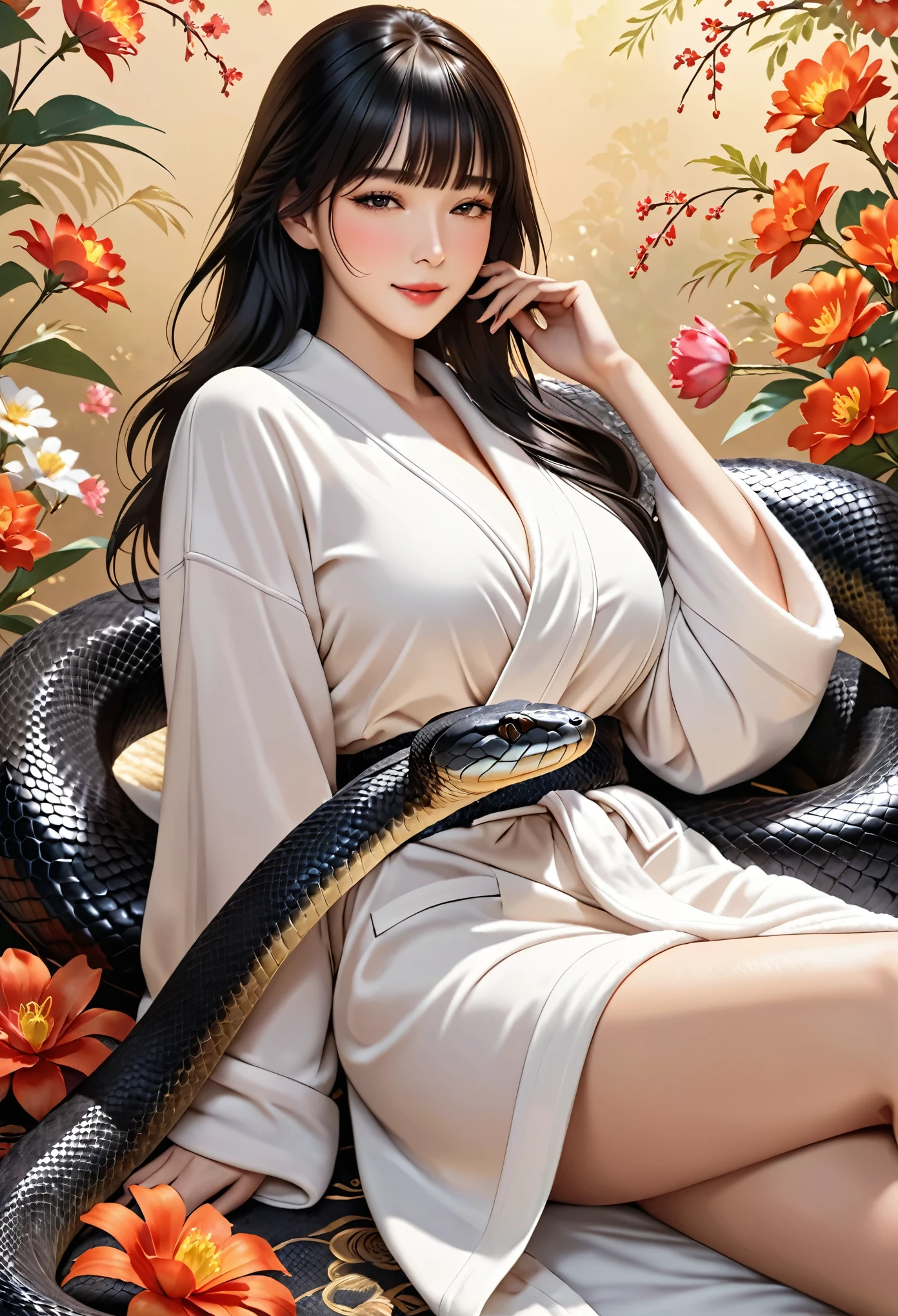 (Top image quality)，2023 Animation，Top animation quality，High-definition animation details，Detailed wallpaper，(masterpiece)，(medium view), solo，(A woman near a black python:1.2)，Pretty face，Fine black long hair，neat bangs，realistic face，close eyes，light smil，(Wearing only a loose bathrobe:1.2)，big breast，Black snake tail，snake tail very smooth，looking at viewer，Flowers background，(Lying in the embrace of the snake&#39;s tail:1.3)，(lots of fog:1.5)，(sexy feeling:1.3)