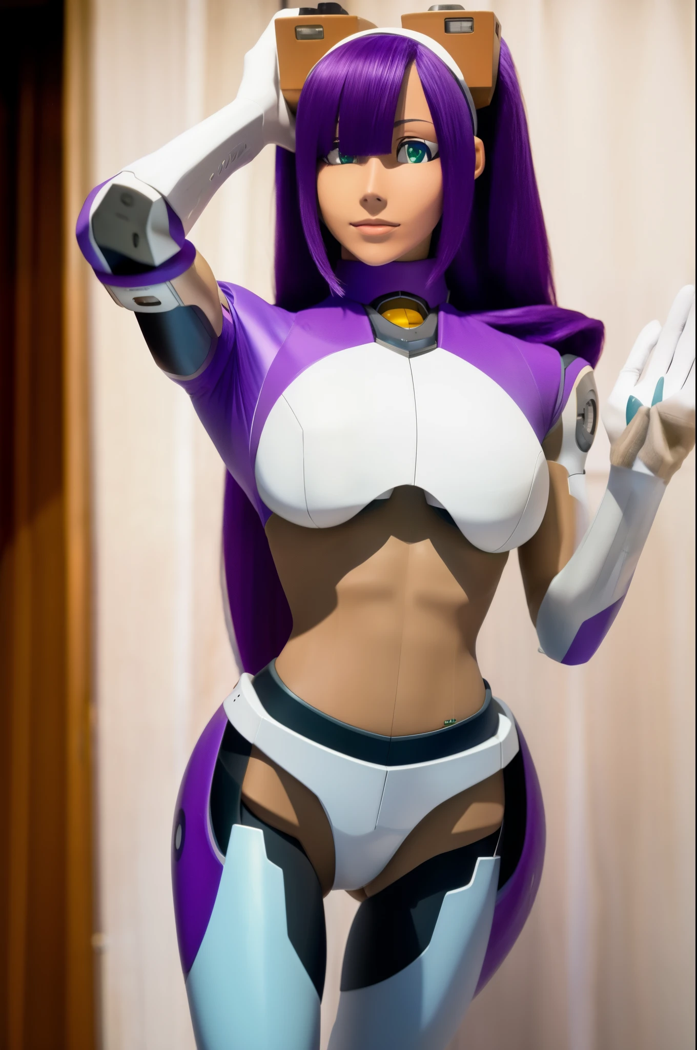 ultra detailed of a woman cyborg, 1girl, (natural skin texture, realistic eye details:1.2) layer_mega manx, alone, breasts, underboob, green eyes, purple hair, Android, long hair, bangs over eyes, robot ears, artwork, tan skin, high quality, hypnotized, spiral eyes, blank stare, in the bedroom, standing, mannequin