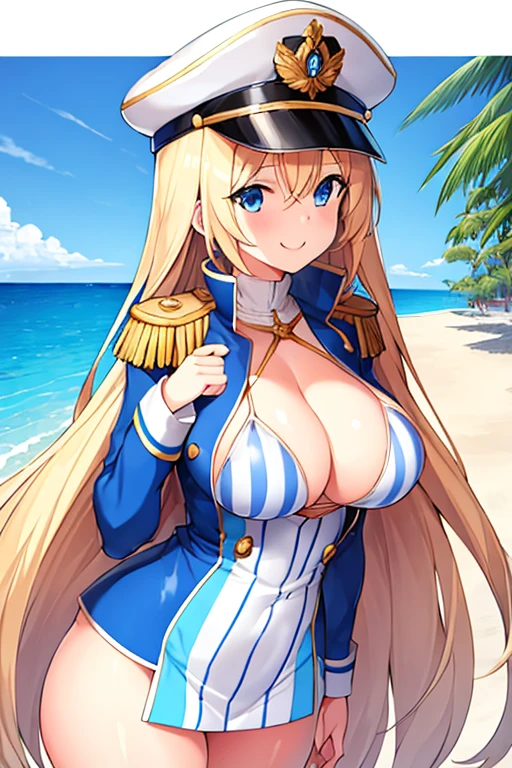 1girl, blonde hair, long hair, blue eyes, large breasts, thick thighs, epaulettes, hat, jacket, bikini, stripped bikini, ((blue stripes)), blue stripes, white bikini, blue trim, beach, cap, smile, tall, tall female, hourglass figure, toned