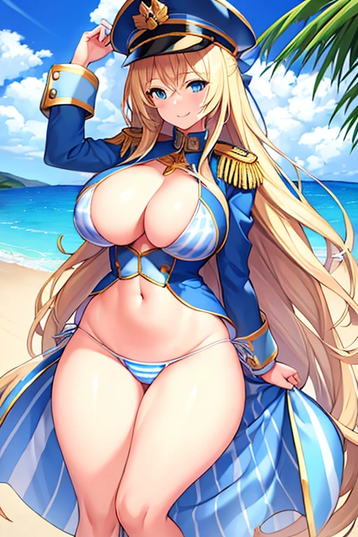 1girl, blonde hair, long hair, blue eyes, large breasts, thick thighs, epaulettes, hat, jacket, bikini, stripped bikini, ((blue stripes)), blue stripes, white bikini, blue trim, beach, cap, smile, tall, tall female, hourglass figure, toned