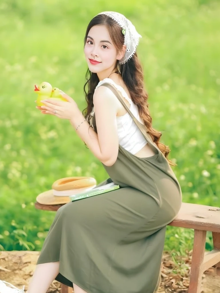 Araffe woman sitting on a bench eating a sandwich and holding a bagel, attractive woman, lovely young woman, cute woman, cute woman, gorgeous woman, Dress in long, flowing clothes., Asian girl, cute young woman wearing tank suit, long dress, cute vtuber house, cute young woman, Korean girl, young and cute young woman, very beautiful woman