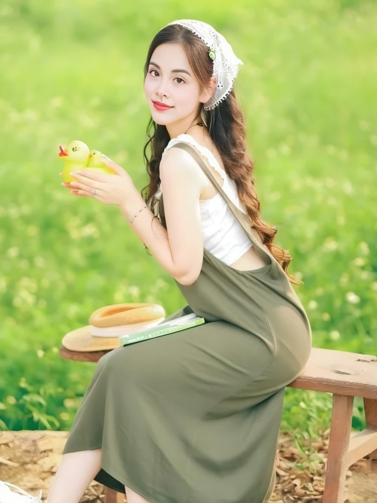Araffe woman sitting on a bench eating a sandwich and holding a bagel, attractive woman, lovely young woman, cute woman, cute woman, gorgeous woman, Dress in long, flowing clothes., Asian girl, cute young woman wearing tank suit, long dress, cute vtuber house, cute young woman, Korean girl, young and cute young woman, very beautiful woman