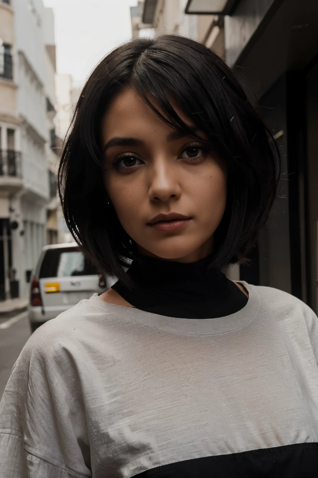 chica de cabello corto mitad negro y mitad blanco, ojos grises, in black designer clothes, no tan explicito