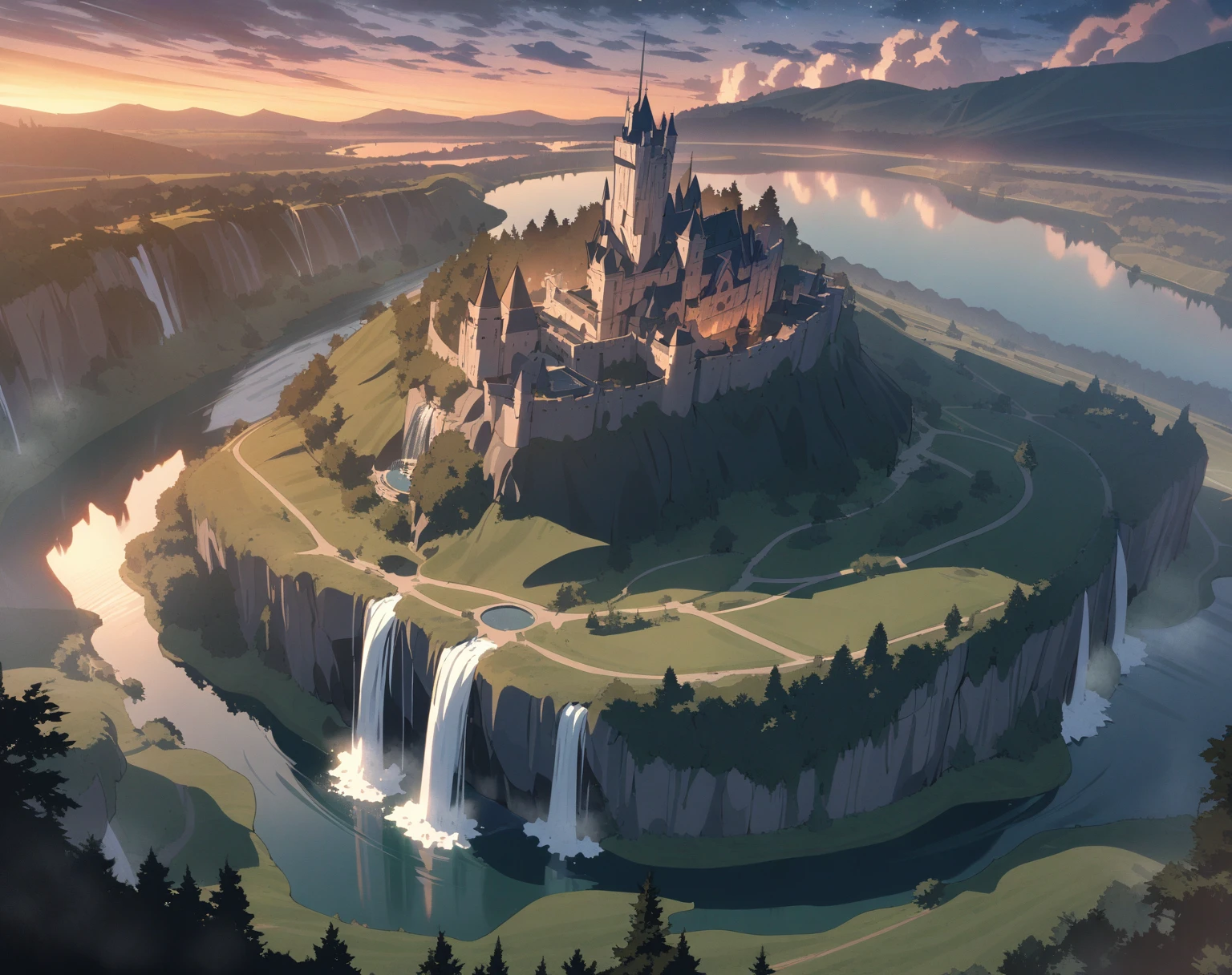 (Masterpiece, best quality, highres, up close) {{Artist: Sincos}} castle on hill, waterfall to the left, above lake, dawn, stars, clouds, fantasy setting.