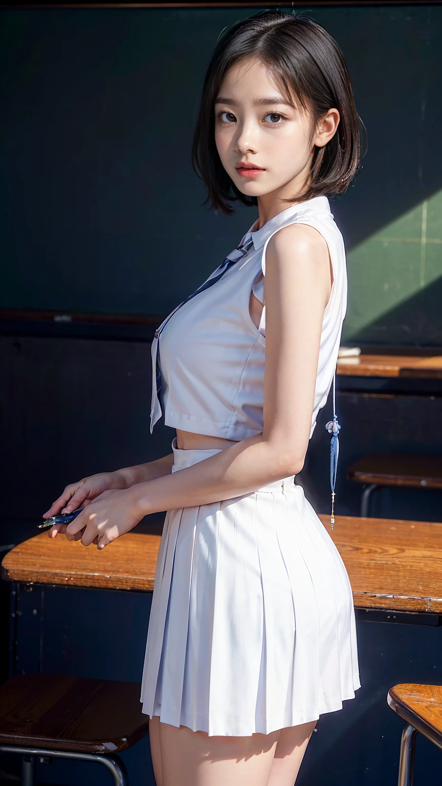 (hig彼st quality、8k、32k、masterpiece)、(Realistic)、(Realistic:1.2)、(High resolution)、Very detailed、Very beautiful face and eyes、1 girl、Delicate body、From Okinawa to the coast,(hig彼st quality、Attention to detail、Rich skin detail)、(hig彼st quality、8k、Oil paint:1.2)、Very detailed、(Realistic、Realistic:1.37)、Bright colors、Full Body Shot, (high school girl:1.6, White blouse, long pleated skirt of dark blue color, tie), short hair, (((-yeld gi slim, The body is slim, Large Breasts, Round and seductive ass,School classroom)))