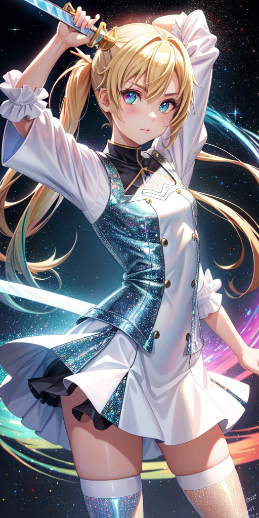 realista, 1 chica, asuna ,anime sword art online ,Holographic hair, heterochromic eyes, Ojos brillantes, holographic dress top, holographic skirt, labios partidos, rubor, noche, rosas blancas, pasteles, Brillantina