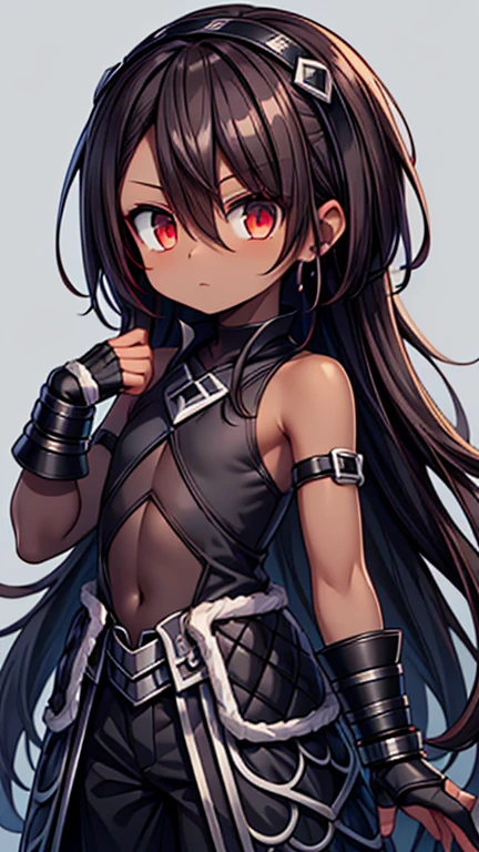 Masterpiece High res, high definition, (((dark skin tone))),dark skin male, dark skin, cute shota,red eyes, black hair Accessory, brown hair, medium dark brown hair,wearing a black exoskeleton, black detached sleeves, black skin tight sleeveless shirt, black armoured Gauntlets, black bodysuit,black exoskeleton, black fingerless gloves,