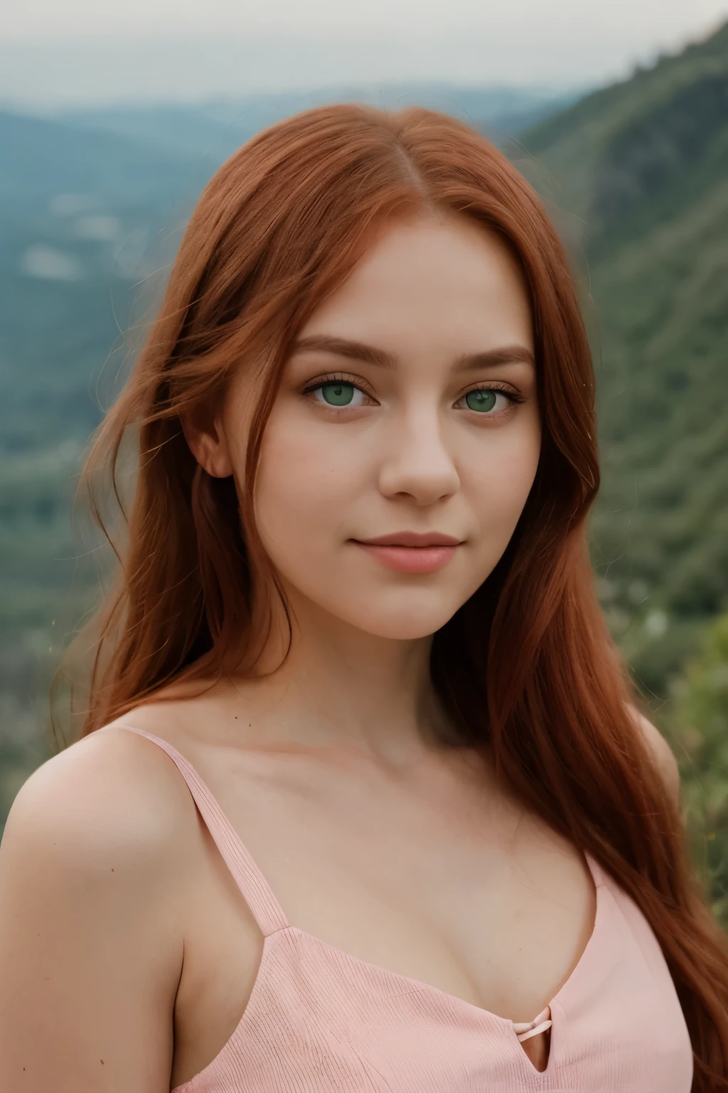 A young woman with long light red hair, Slavic appearance, green eyes, an elongated face, a slight smile and a portrait in a red and pink dress against the background of a mountain. Professional shooting, high quality, Sony A7 III, 35mm, professional soft light