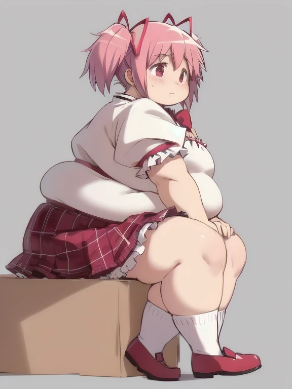 (best quality, masterpiece:1.2), ultra detailed face, obese 1girl, obese kaname madoka, pink hair, short twintails, small breasts, embarrassed, obese ,
simple background,
madoka outfit,
red shoes, globe, socks, layered skirt, frilled skirt,
sitting, from side, hands on floor,
