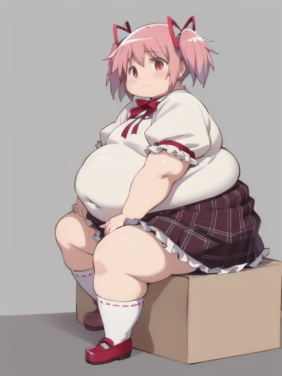 (best quality, masterpiece:1.2), ultra detailed face, obese 1girl,  obese kaname madoka, pink hair, short twintails, small breasts, embarrassed, obese ,
simple background,
madoka outfit,
red shoes, globe, socks, layered skirt, frilled skirt, 
sitting, from side, hands on floor,