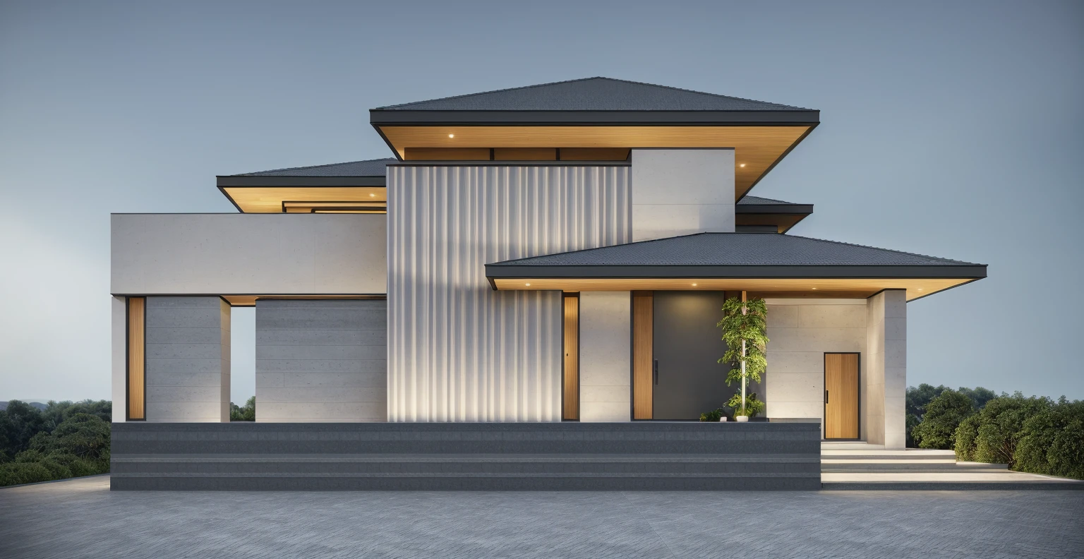 PLATFORM KTHOUSE, 1 morden villa, slope roof, main material of villa about build color wall:1.2 glass panel:1.1 and stone:1.2, 1large yard, 1 road runs in front of the house, (RAW photo, real, best quality, masterpiece:1.2), look morden minimalist, 1 road in front of the house, dynamic lighting:1.3, (hyper realistic, photo-realistic:1.2), high quality, (dark lighting:1.2), perfect lighting, archdaily, no human, light at 12 noon, light in door:1.2