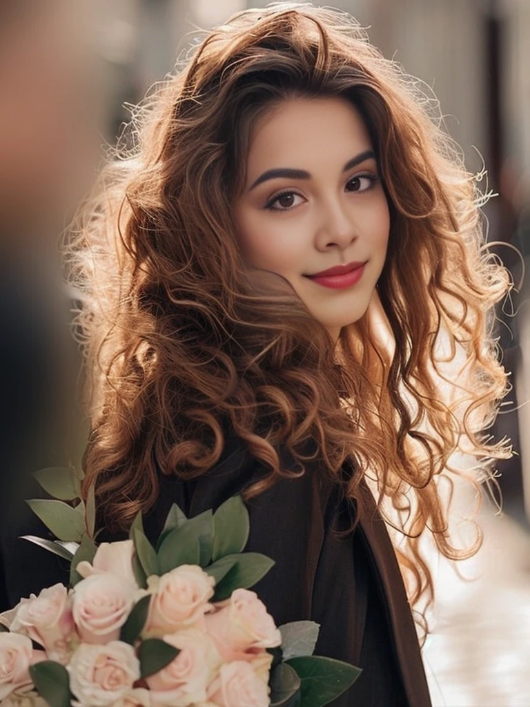 Close-up of a long-haired woman holding a bouquet of flowers, with flowers, a beautiful young woman, Beautiful and smiling, attractive woman, photo of a beautiful woman, cute woman, gorgeous woman, female portrait with flowers, attractive woman, beautiful young woman, girl with brown hair, lovely young woman, high quality vertical, beautiful woman, young beautiful woman