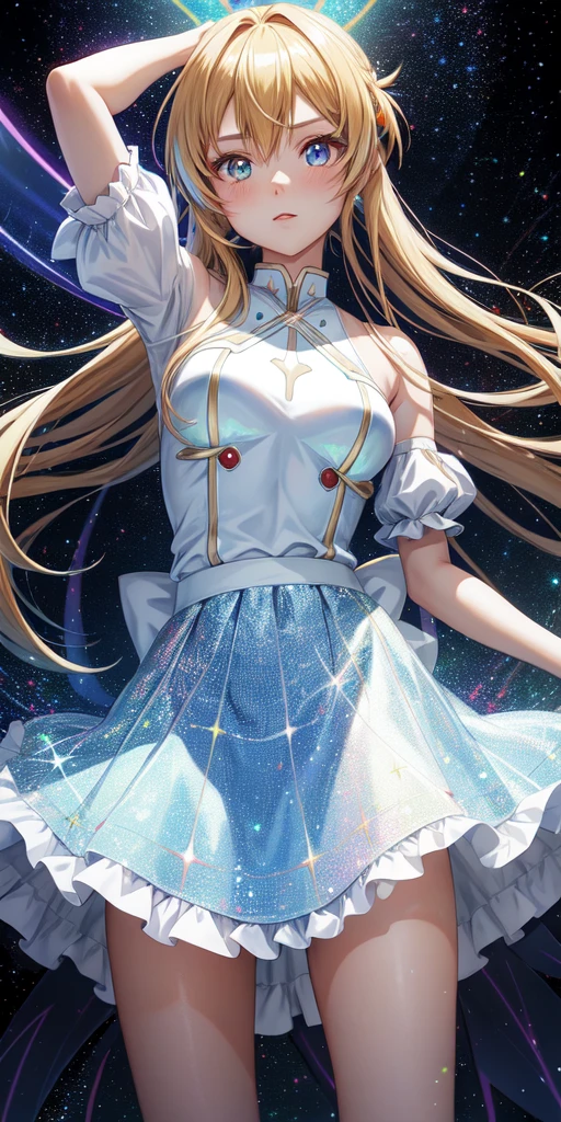 realista, 1 chica, asuna ,anime sword art online ,Holographic hair, heterochromic eyes, Ojos brillantes, holographic dress top, holographic skirt, labios partidos, rubor, noche, rosas blancas, pasteles, Brillantina