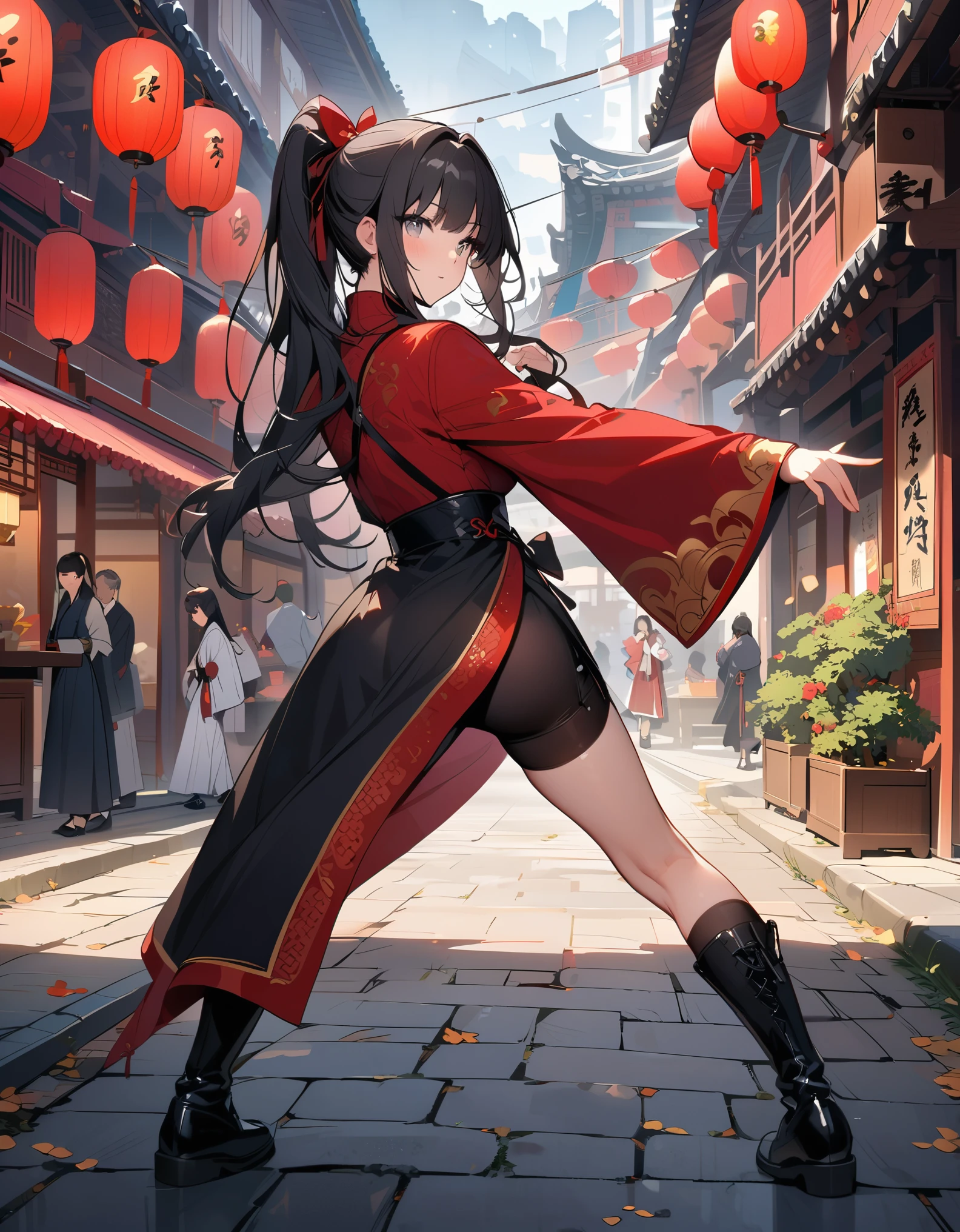 best quality, masterpiece, highres, wuxia, 1girl, solo, solo focus, (black hair, long hair, ponytail), grey eyes, red china dress, red bow, black biker shorts, beautiful detailed eyes, beautiful detailed face, cute face, super gorgeous hair, kung-fu fight, boots, full body with costume, full body shot, chinatown street backdrop