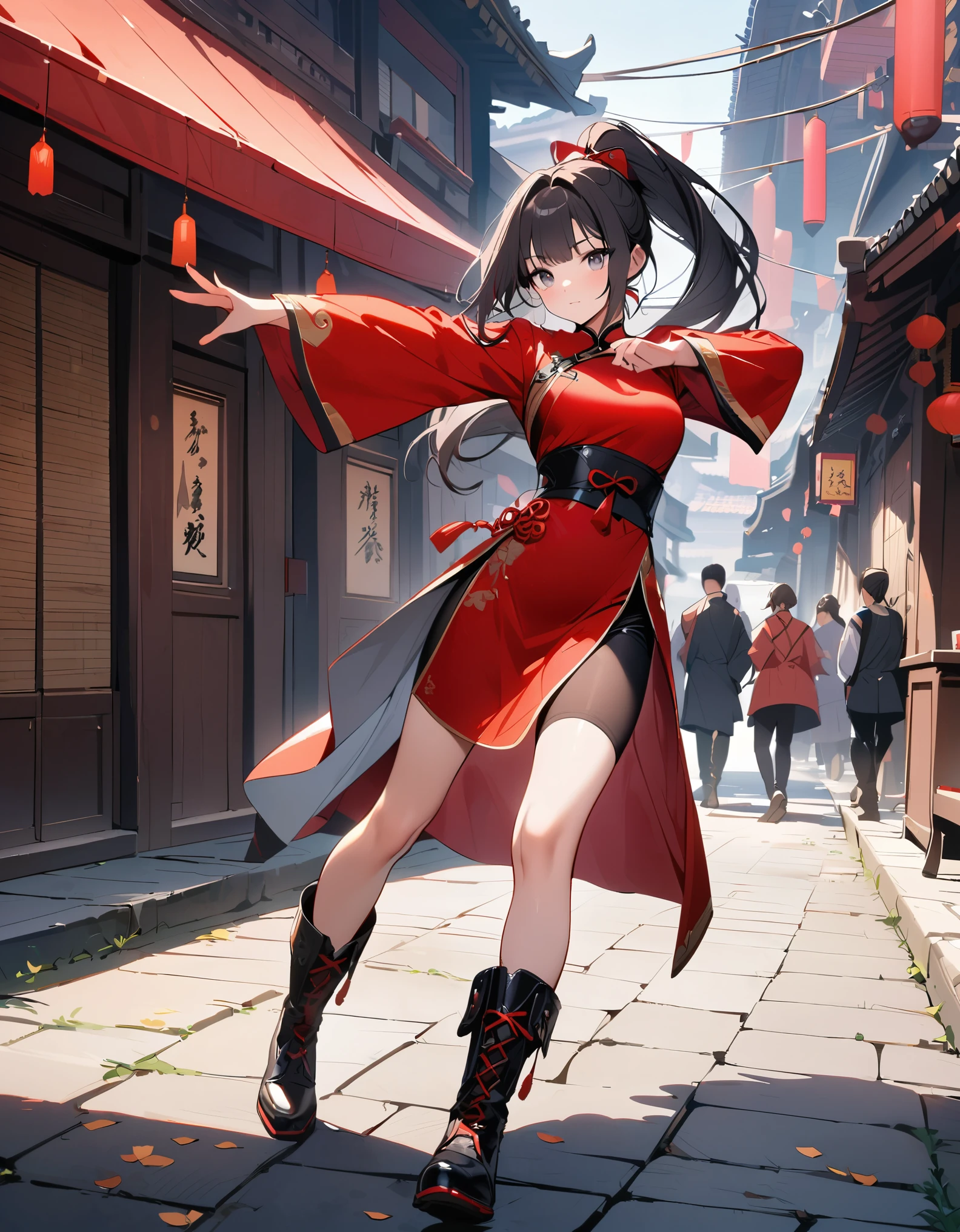 best quality, masterpiece, highres, wuxia, 1girl, solo, solo focus, (black hair, long hair, ponytail), grey eyes, red china dress, red bow, black biker shorts, beautiful detailed eyes, beautiful detailed face, cute face, super gorgeous hair, kung-fu fight, boots, full body with costume, full body shot, chinatown street backdrop