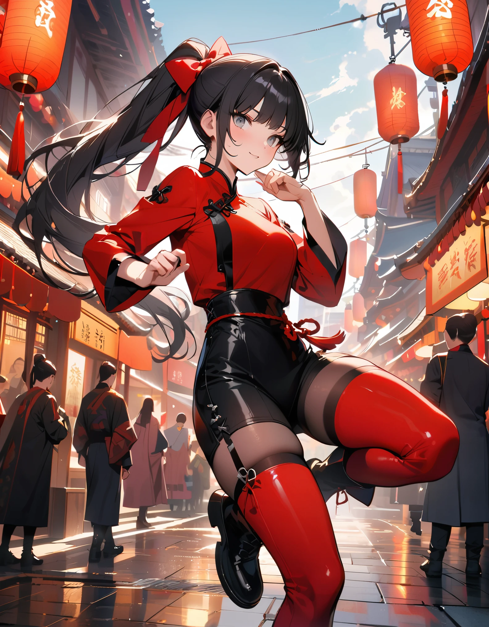 best quality, masterpiece, highres, wuxia, 1girl, solo, solo focus, (black hair, long hair, ponytail), grey eyes, red china dress, red bow, black biker shorts, beautiful detailed eyes, beautiful detailed face, cute face, super gorgeous hair, kung-fu fight, boots, full body with costume, full body shot, chinatown street backdrop