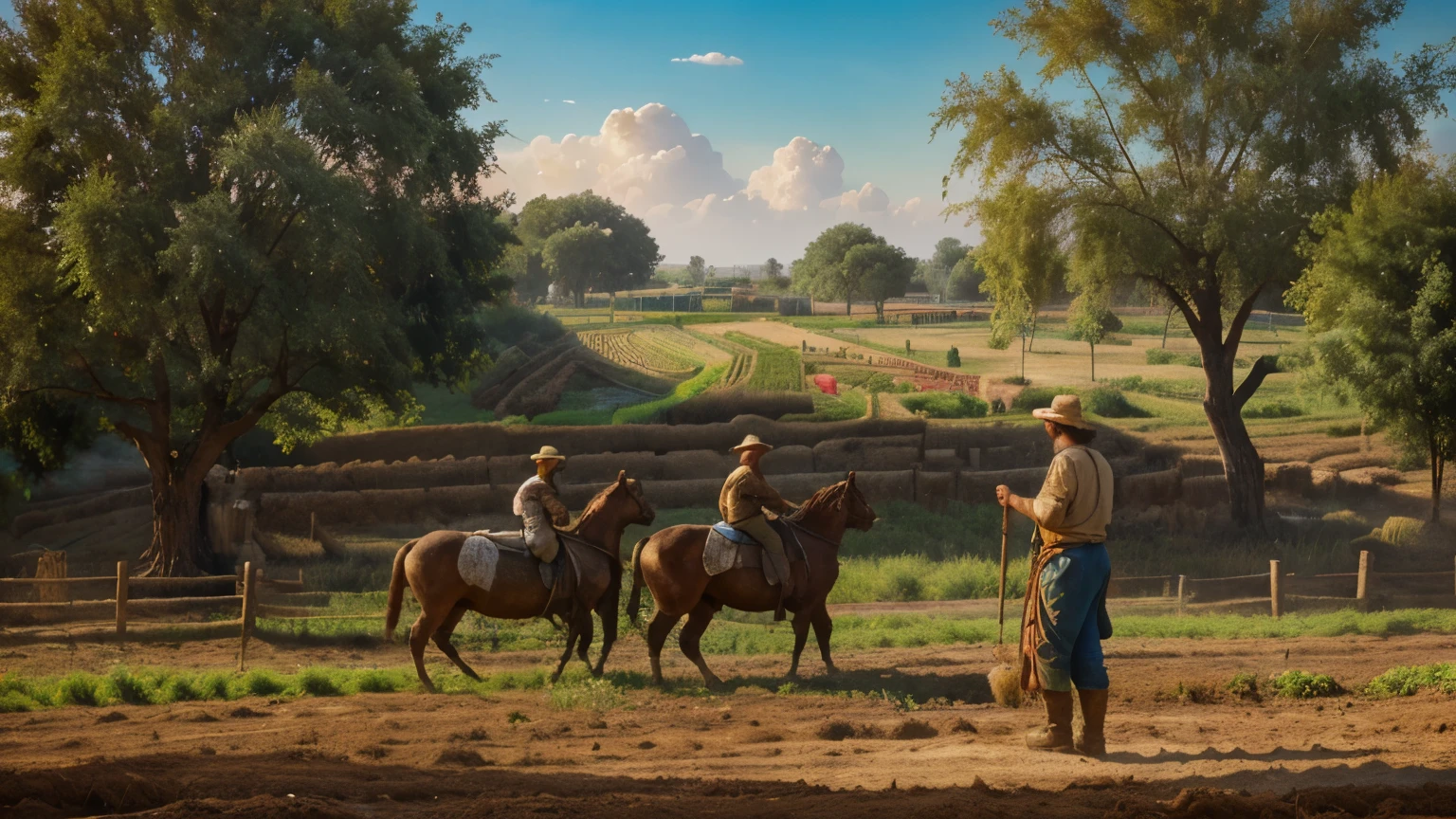 (farmers at work, ancient Judea) (oil painting), (vibrant brush strokes, detailed textures, rich colors), (best quality, 4k resolution, high resolution: 1.2), (warm tones, earthy colors), (soft, diffuse lighting )
