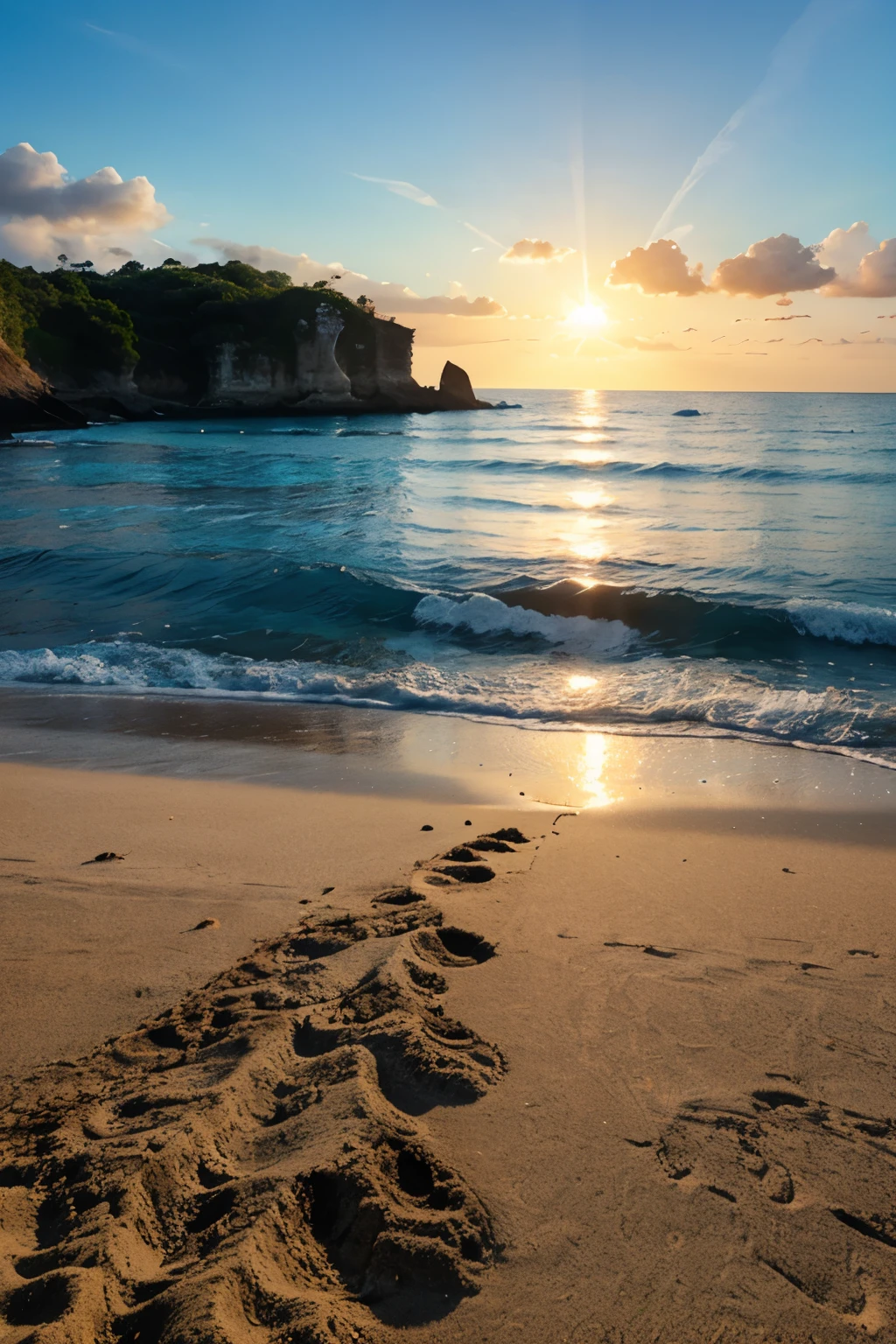 Generate an image of a beach with very blue water, with a beautiful orange sun. Detailed, high quality and realistic