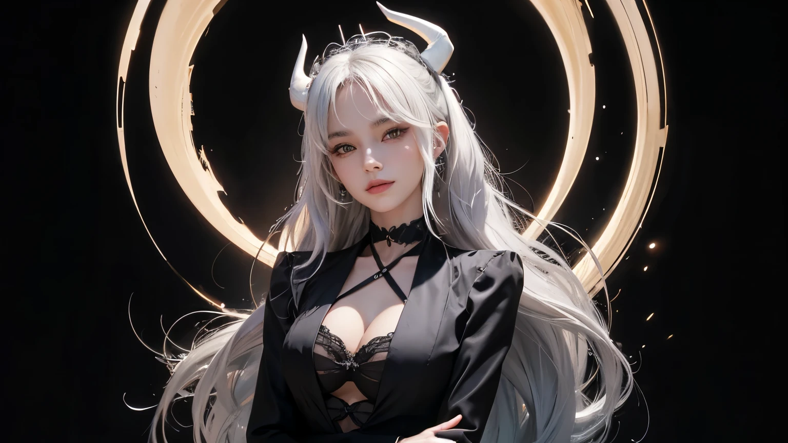 In a masterful display of artistic prowess, Lucifer from Helltaker emerges as the focal point of a hyper-realistic 8K human portrait. Clad in a formal suit featuring a striking red shirt, black pants, and a matching black necktie, she commands attention with her serene expression and captivating smile, her gaze fixed directly upon the viewer. The oval-shaped contours of her face, adorned with high cheekbones and a refined nose, exude an aura of elegance and sophistication. Her eyes, almond-shaped and bewitching, mesmerize with their striking red crimson irises, framed by gracefully arched eyebrows and thick, voluminous lashes that curl upwards. Luxuriant waves of light-white hair cascade around her, catching the light in subtle platinum highlights, while her smooth, porcelain-like skin radiates a subtle glow, suggesting vitality and allure, an elegant mix of botanical and geometric patterns that enhance her already captivating presence. Her attire, a black dress accentuated by a matching choker around her neck, serves to underscore her beauty and sophistication. Standing tall and confident, Lucifer possesses very large bosoms, fitting into an I-sized cup, which accentuate her figure and add to her allure. Rendered with meticulous attention to detail and realism, this portrait captures every nuance of Lucifer's appearance, from the delicate contours of her face to the subtle textures of her clothing and skin. Set against a deep matte black background, she stands as a timeless symbol of beauty and allure, her dynamic pose and perfect anatomy drawing the viewer into her world. This high-resolution masterpiece transcends mere artistry, offering a glimpse into the depths of Lucifer's character and personality. With its cinematic composition and meticulous attention to detail, it stands as a testament to the artist's skill and vision, a true masterpiece in every sense of the world. full body