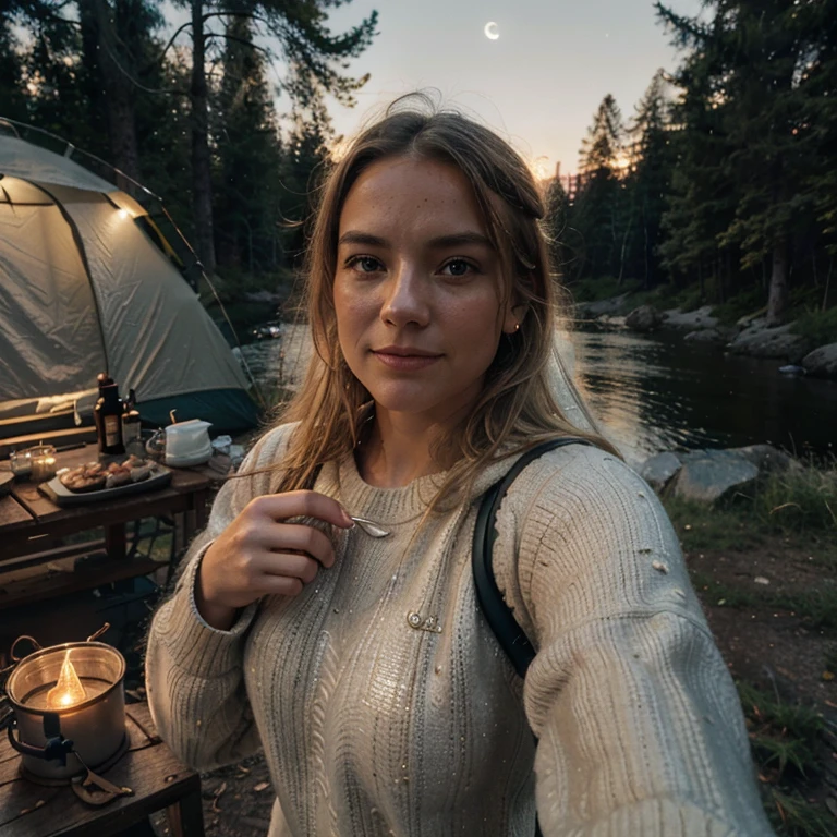 1 woman((upper body selfie, happy)), masterpiece, best quality, ultra-detailed, solo, outdoors, (night), under the rain, nature, (stars, moon) cheerful, happy, backpack, sleeping bag, camping stove, water bottle, mountain boots, gloves, sweater, light blond hair, flashlight, forest, rocks, river, wood, smoke, shadows, contrast, clear sky, analog style (look at viewer:1.2) (skin texture) (film grain:1.3), (warm hue, warm tone) :1.2), close up, cinematic light, sidelighting, ultra high res, best shadow, RAW, upper body, old man, wearing pullover