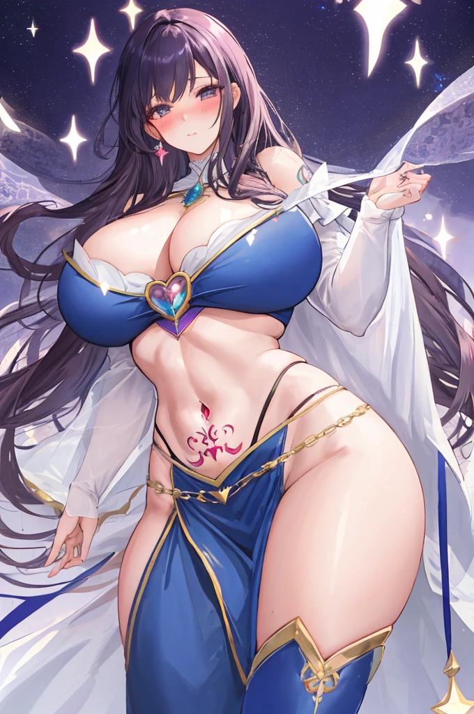 A woman with big ，Gorgeous woman，Mature((Magical girl))，transparent，Lace，Exquisite，Long hair，Cleavage，Slim waist，Showing belly，Hip tattoo，blush，Enchanted magic，，