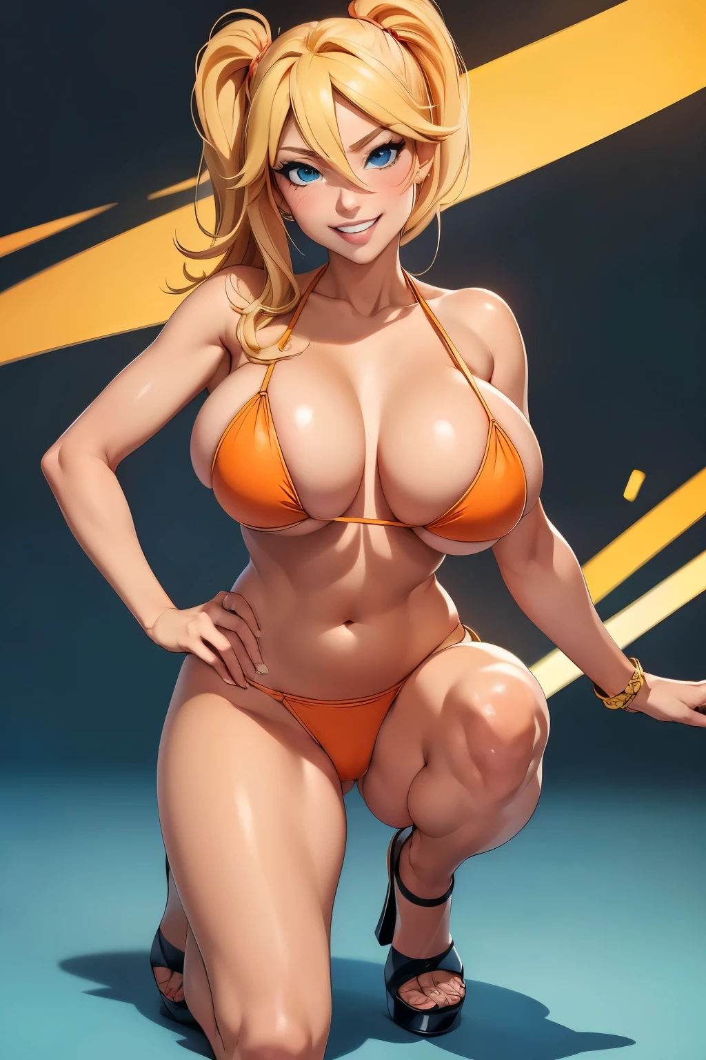 (high quelity), Naruko, JK, orange short bikini, thight stockings, high heels, mischievous smile, light blush, looking at viewer, huge breasts, precise hands, sexy pose, detailed background, bend knee